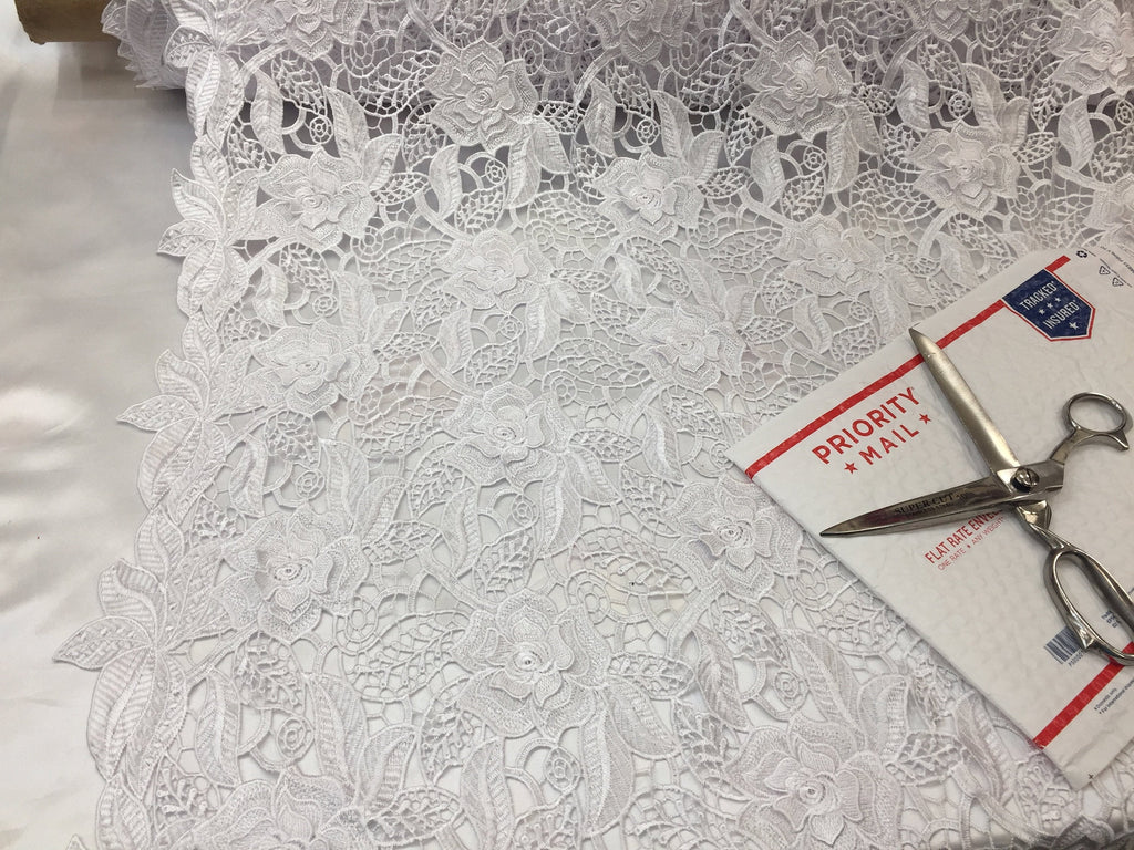 Guipure Lace Fabric - White - Embroidered Bridal Wedding Dress Design Fabrics Sold By The Yard