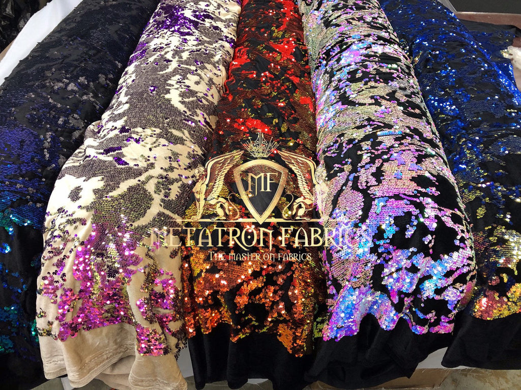 Velvet 4 Way Stretch Shiny Reversible Sequins Fabric Iridescent Raibow/Royal On Black Velvet By Yard