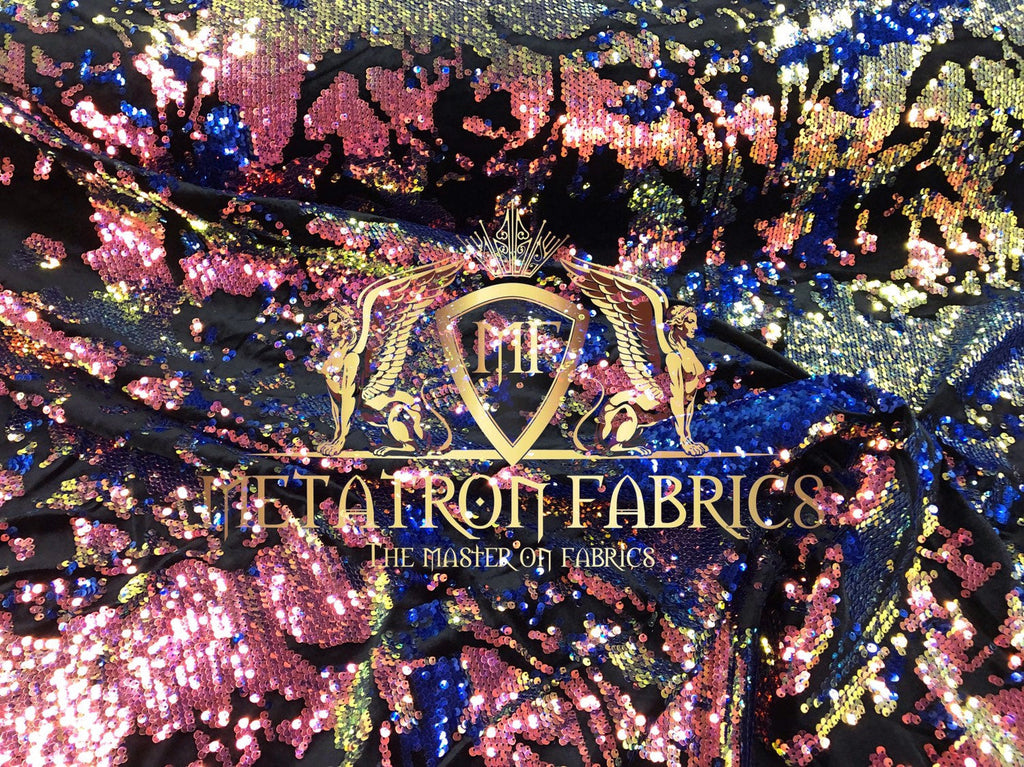 Velvet 4 Way Stretch Shiny Reversible Sequins Fabric Iridescent Raibow/Royal On Black Velvet By Yard