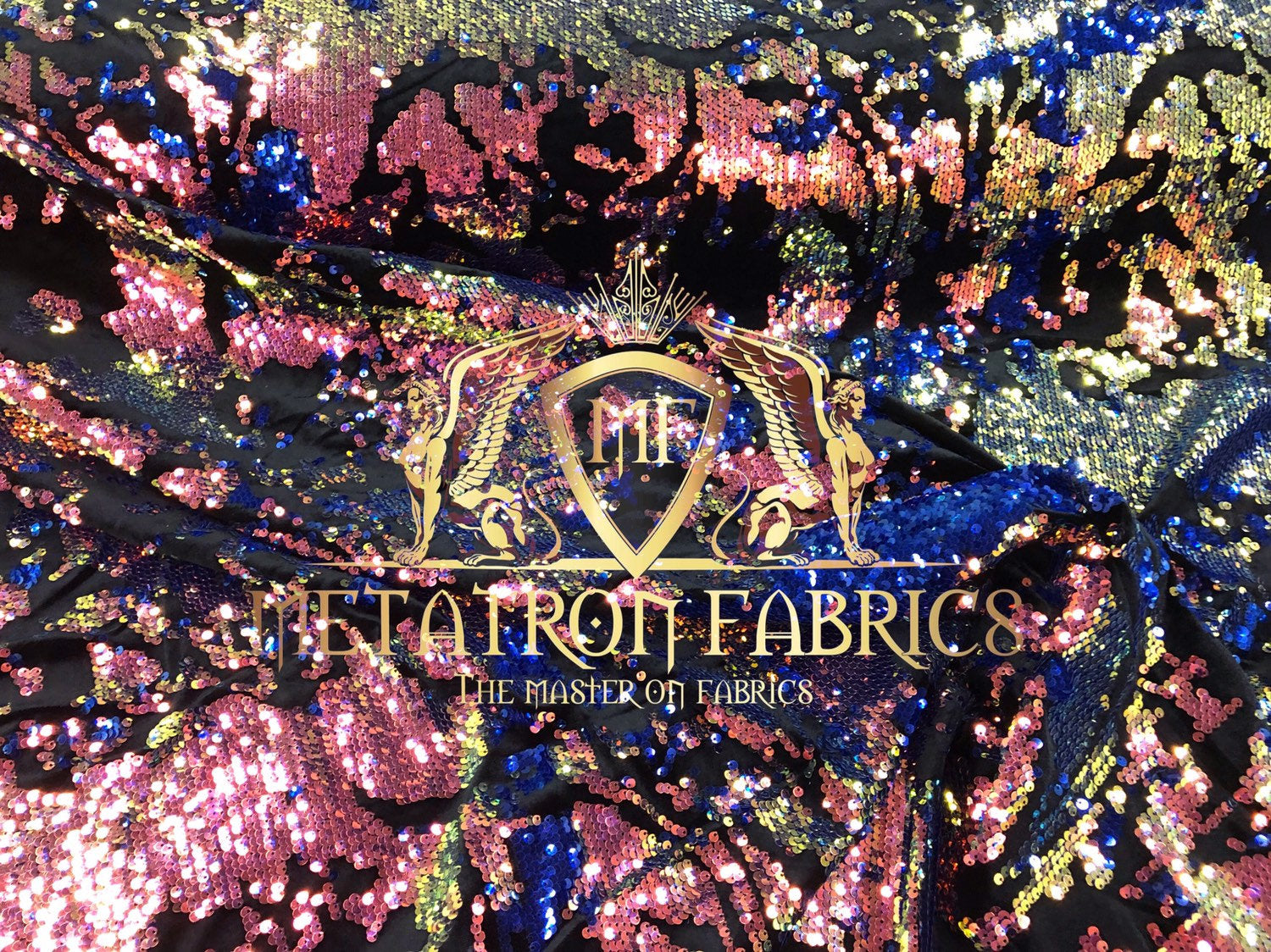 Velvet 4 Way Stretch Shiny Reversible Sequins Fabric Iridescent Raibow/Royal On Black Velvet By Yard