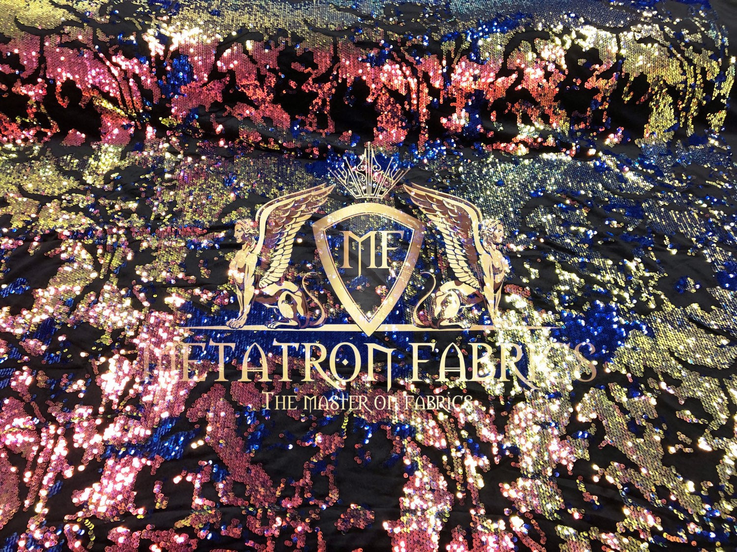 Velvet 4 Way Stretch Shiny Reversible Sequins Fabric Iridescent Raibow/Royal On Black Velvet By Yard