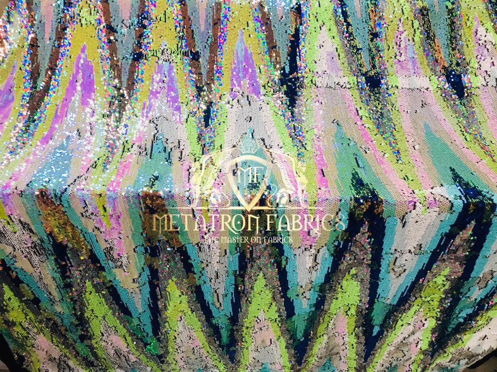 Mermaid Flip Up Reversible MultiColor Shiny  Zig Zag Pattern Sequins Fabric Spandex By The Yard