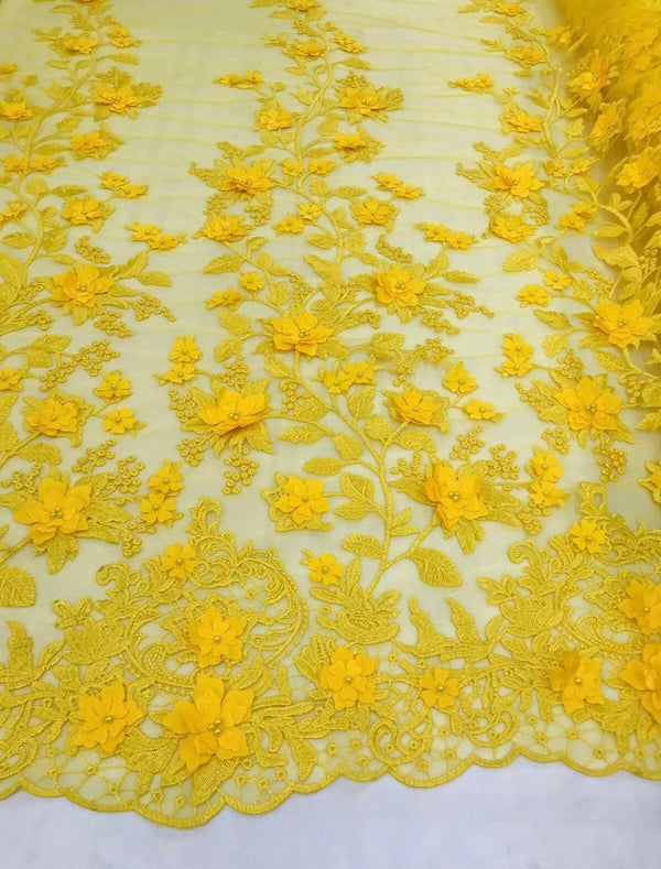 Flower 3D Fabric - Canary Yellow - Embroided Fabric Flower Pearls and Leaf Decor by Yard