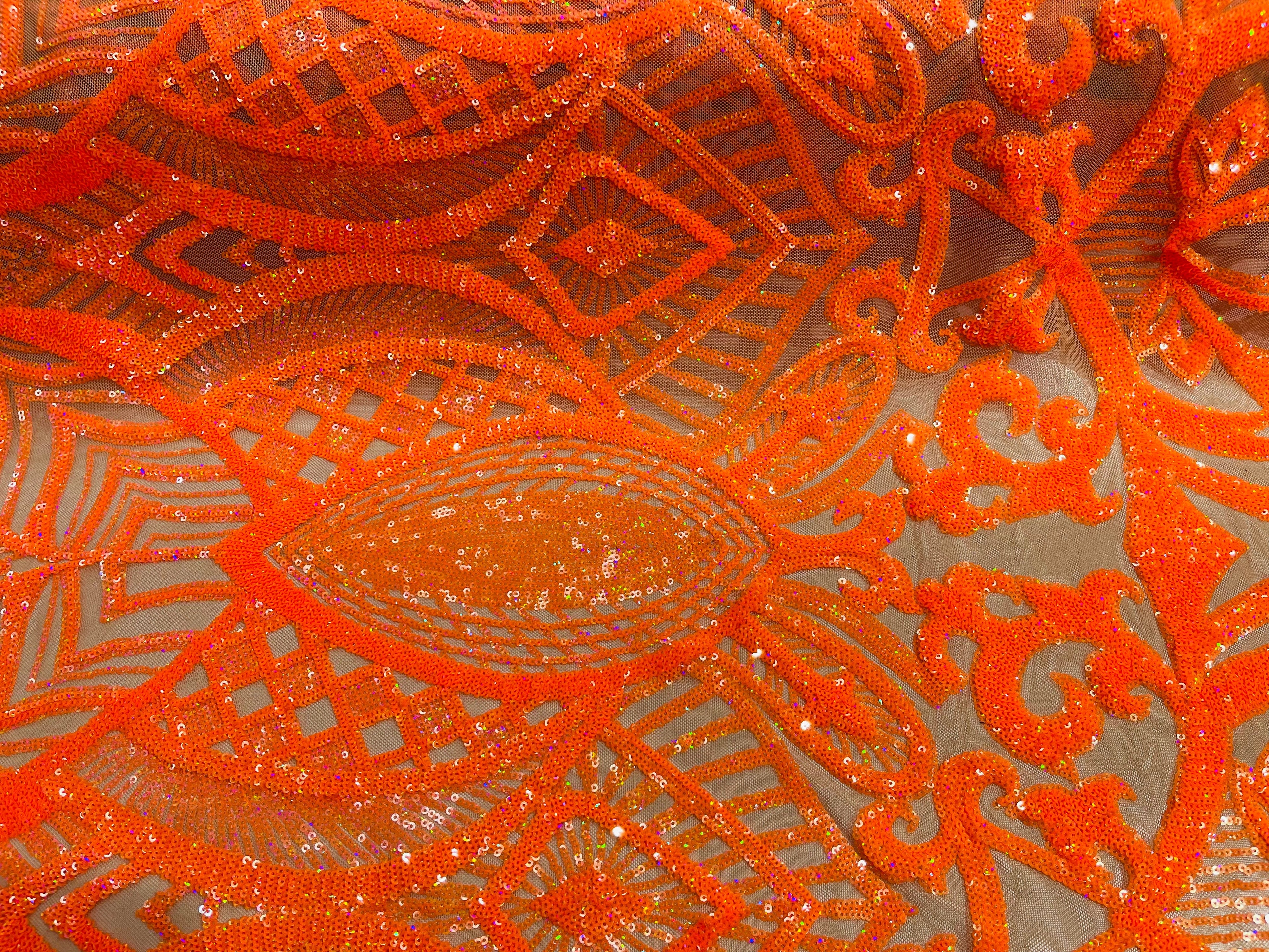 Orange Sequin Fabric - 4 Way Stretch Embroidered Royalty Sequins Design Fabric By Yard