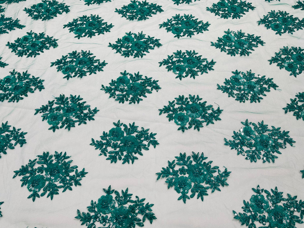 Floral Lace Fabric - Teal Green - Flower Cluster Embroidery Design With Sequins on a Mesh