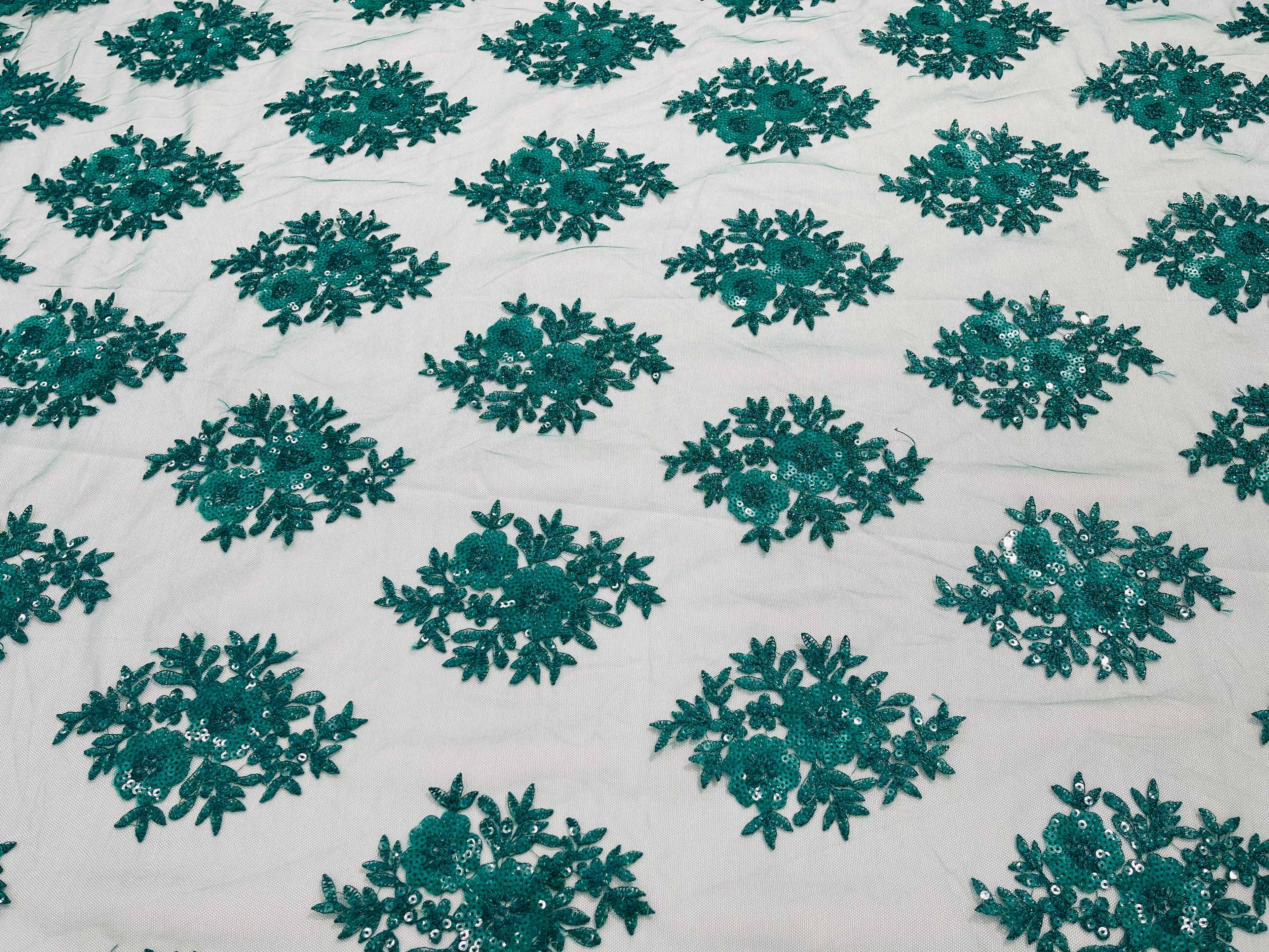 Floral Lace Fabric - Teal Green - Flower Cluster Embroidery Design With Sequins on a Mesh