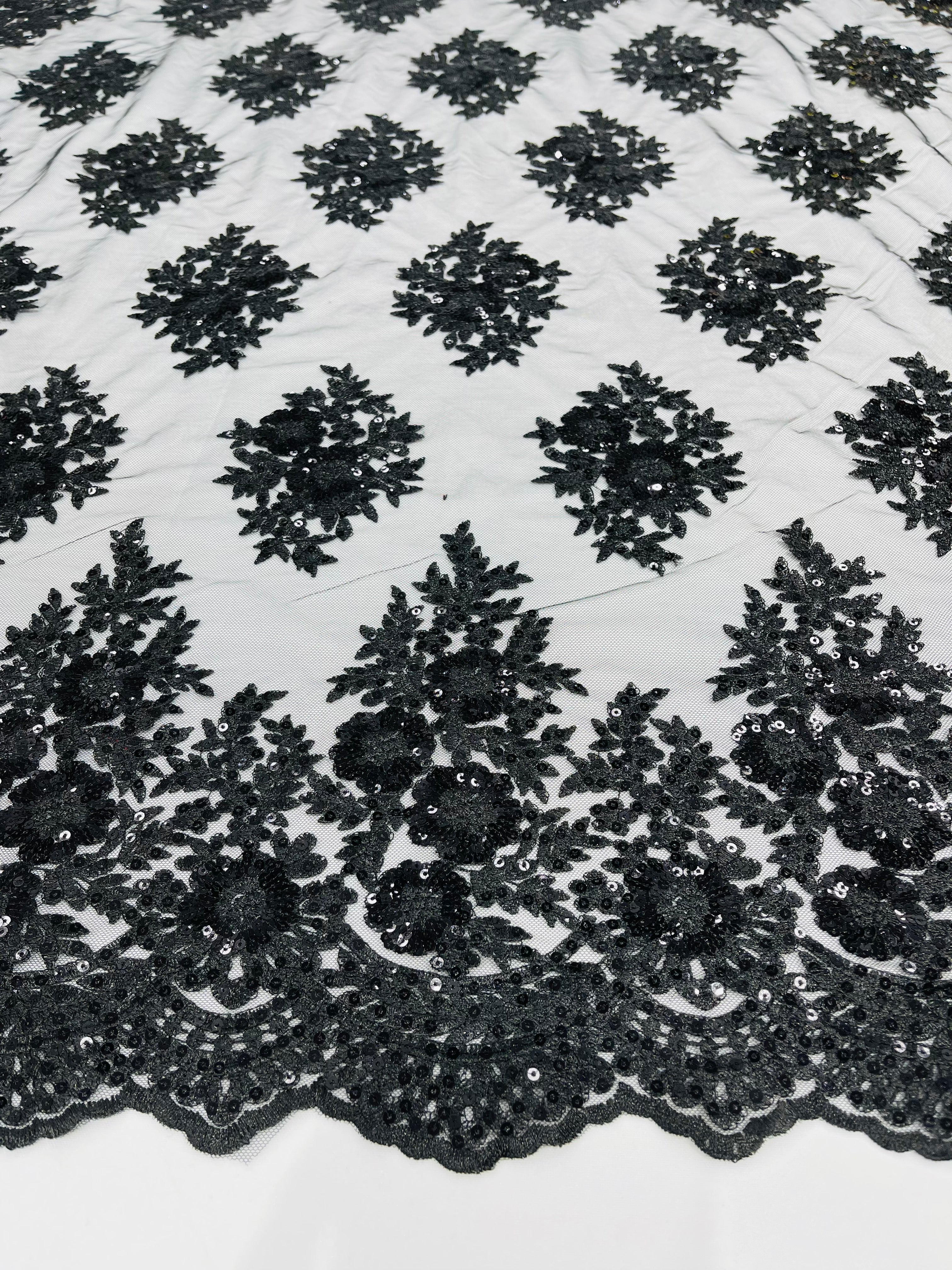 Floral Lace Fabric - Black - Flower Cluster Embroidery Design With Sequins on a Mesh