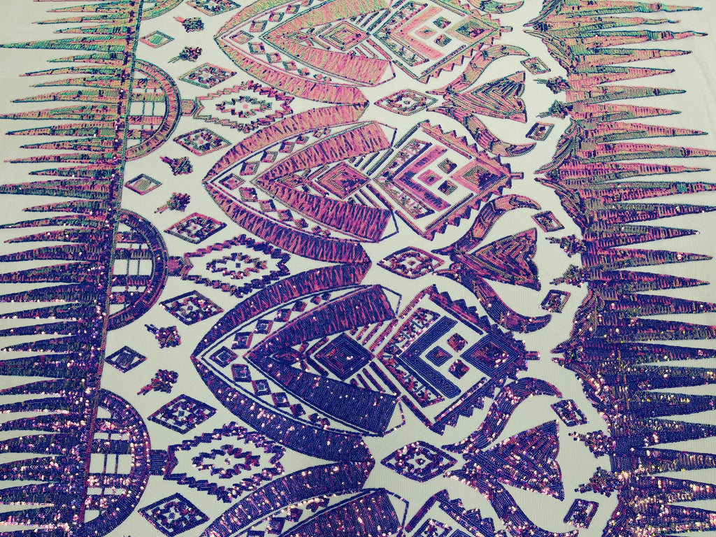 Lavender/Purple Iridescent Sequin Fabric, by the yard - Nude Mesh 4 Way Stretch Aztec Design