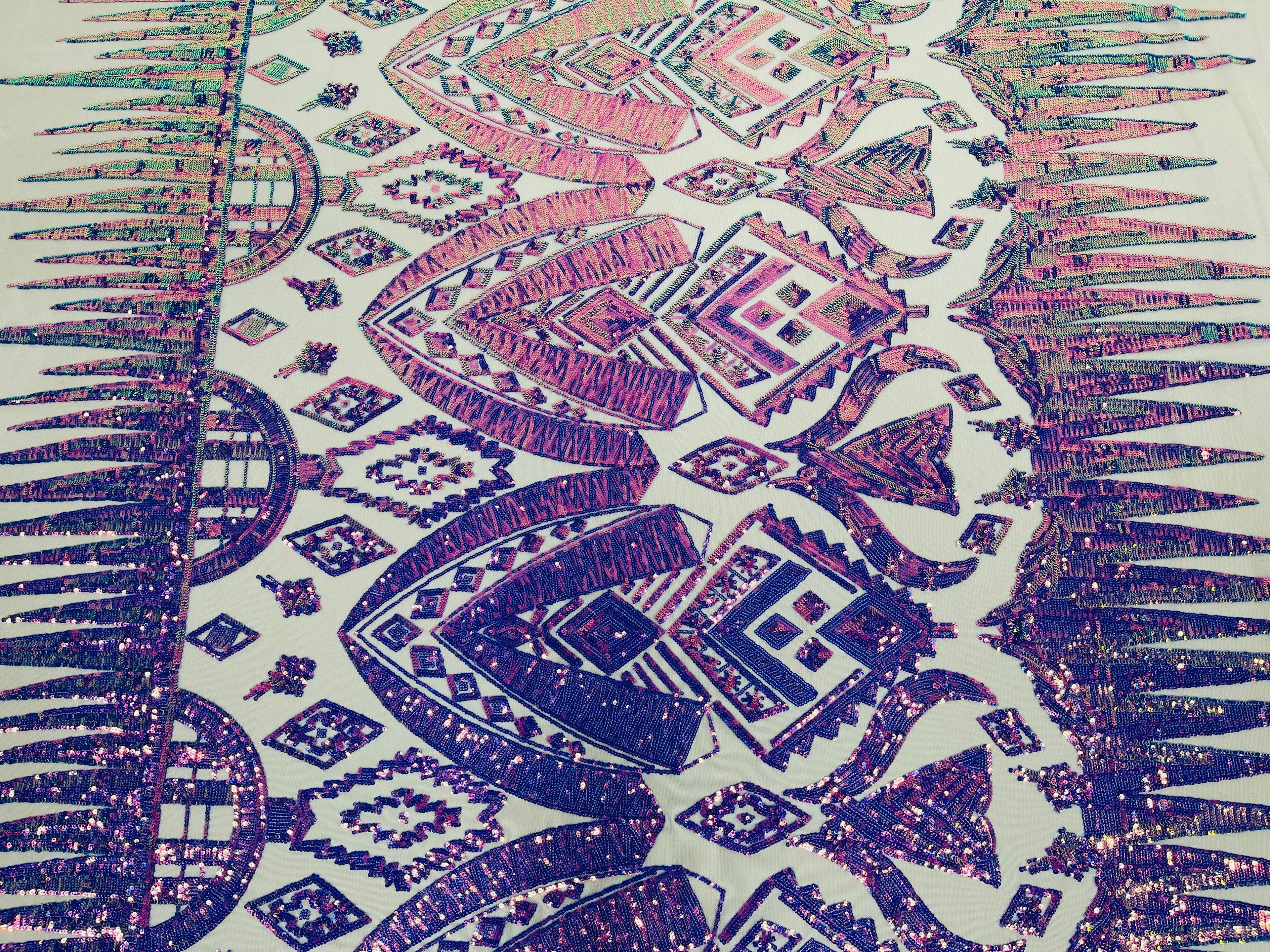 Lavender/Purple Iridescent Sequin Fabric, by the yard - Nude Mesh 4 Way Stretch Aztec Design