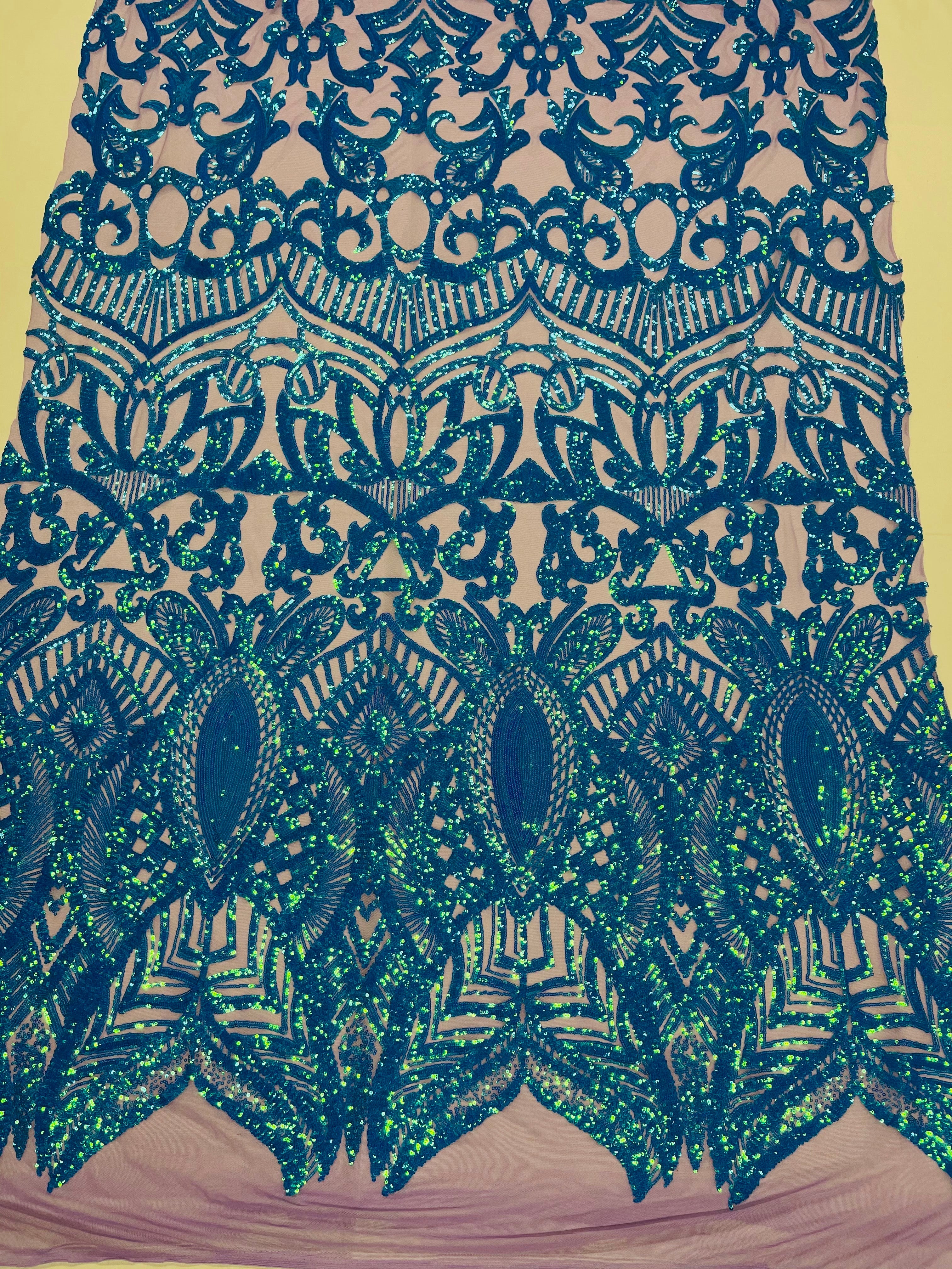 Iridescent Turquoise - 4 Way Stretch Embroidered Royalty Sequins Design Fabric By Yard