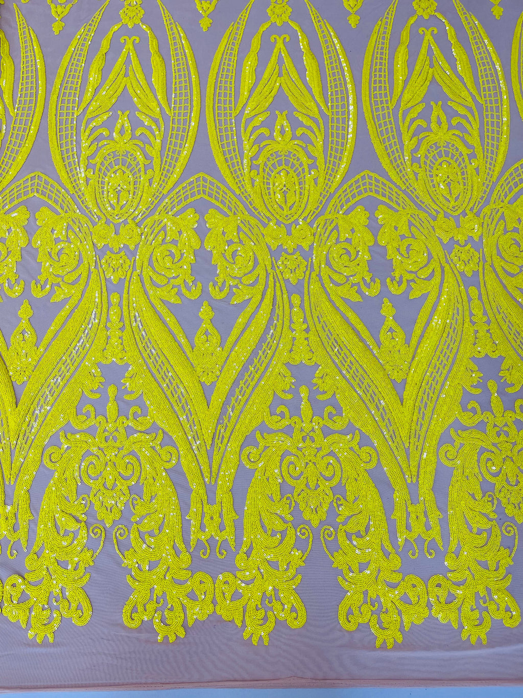 Big Damask Sequins Fabric - Yellow on Nude - 4 Way Stretch Damask Sequins Design Fabric By Yard