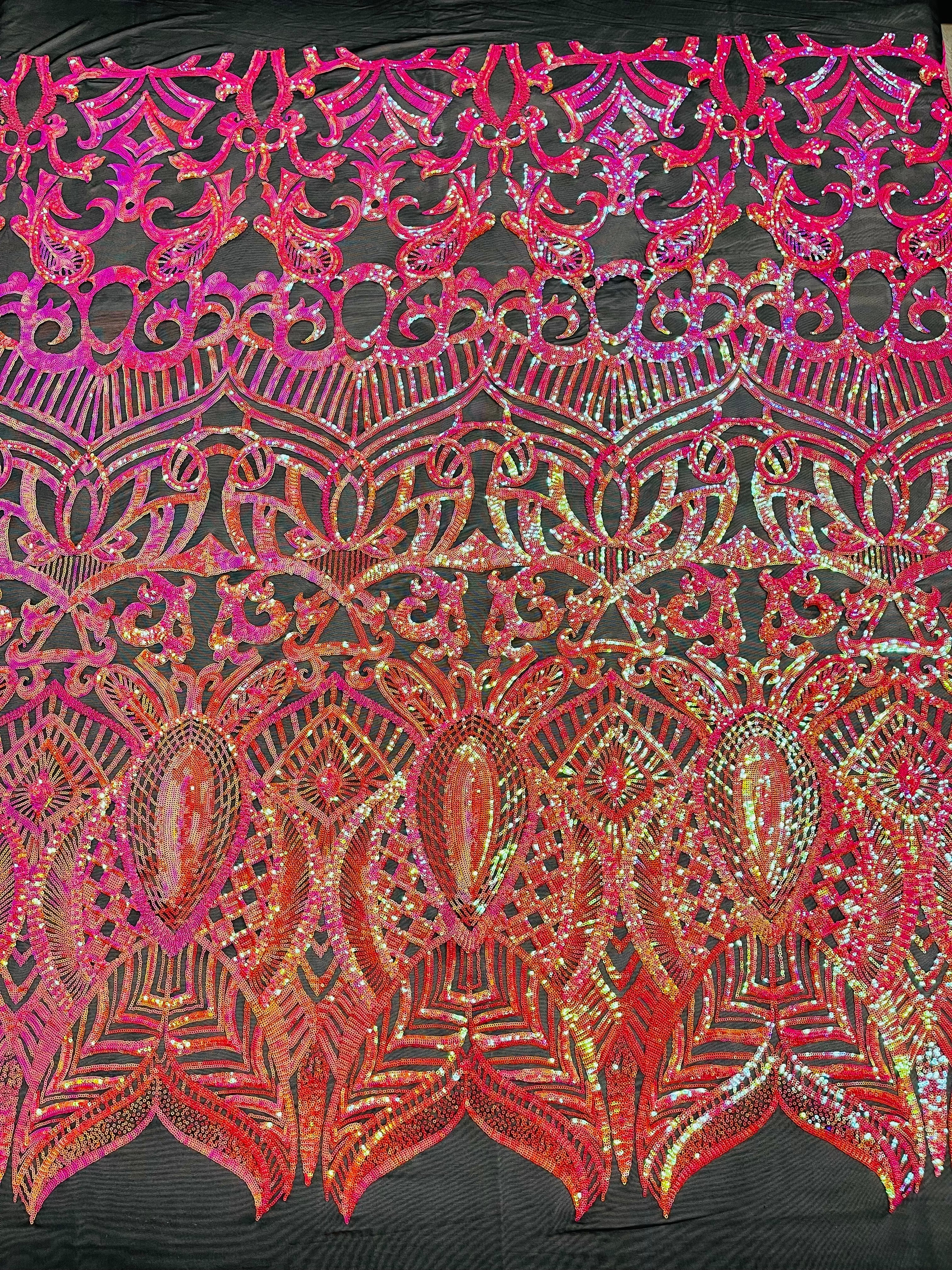 Orange/Fuchsia Iridescent - 4 Way Stretch Embroidered Royalty Sequins Design Fabric By Yard