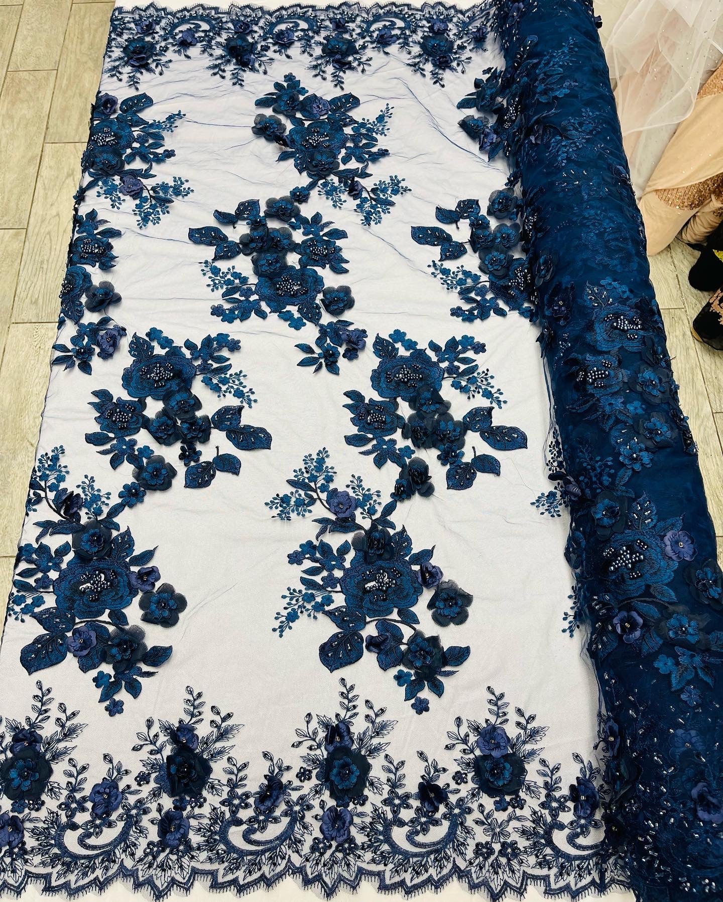 NAVY BLUE Flower 3D Fabric - by the Yard - Embroided Fabric Flower Pearls and Beaded Fabric