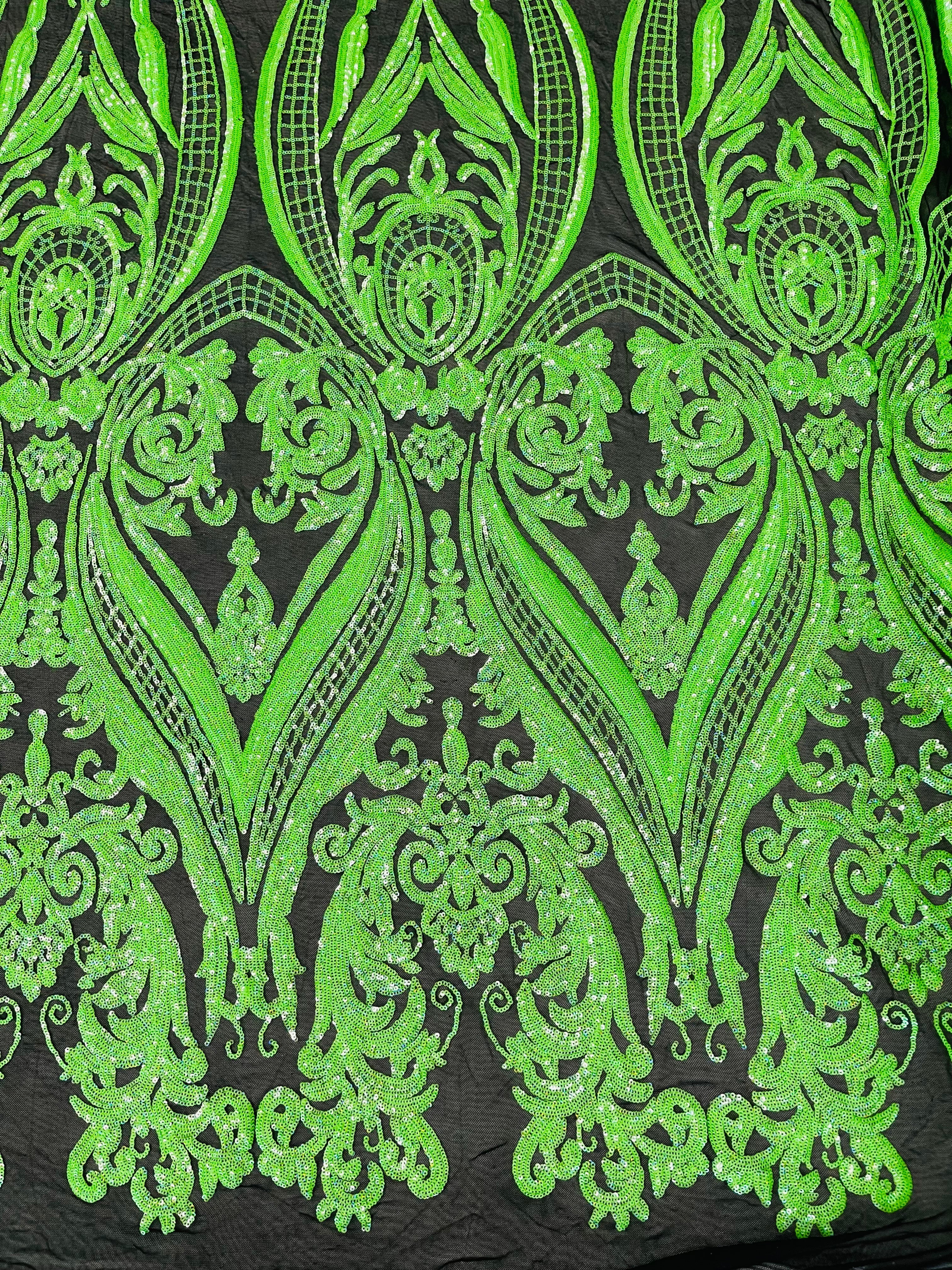 Big Damask Sequins Fabric - Neon Green / Black - 4 Way Stretch Damask Sequins Design Fabric By Yard