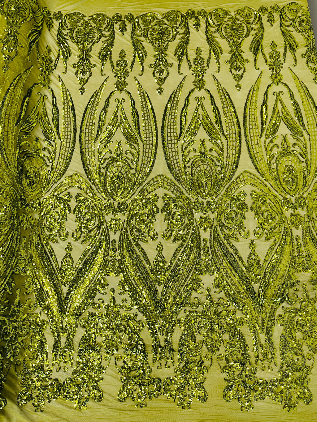 Big Damask Sequins Fabric - Olive Green  - 4 Way Stretch Damask Sequins Design Fabric By Yard