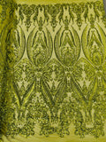 Big Damask Sequins Fabric - Olive Green  - 4 Way Stretch Damask Sequins Design Fabric By Yard