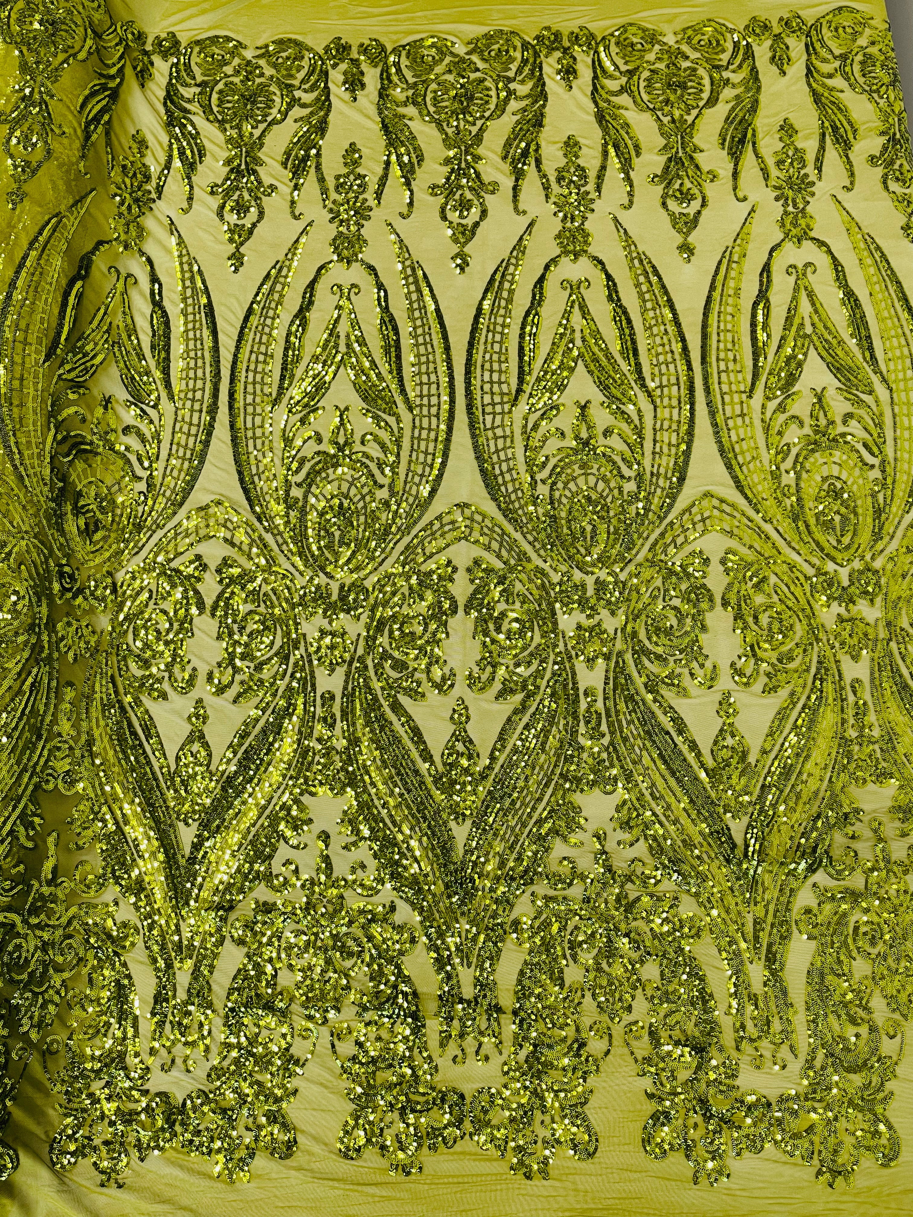 Big Damask Sequins Fabric - Olive Green  - 4 Way Stretch Damask Sequins Design Fabric By Yard