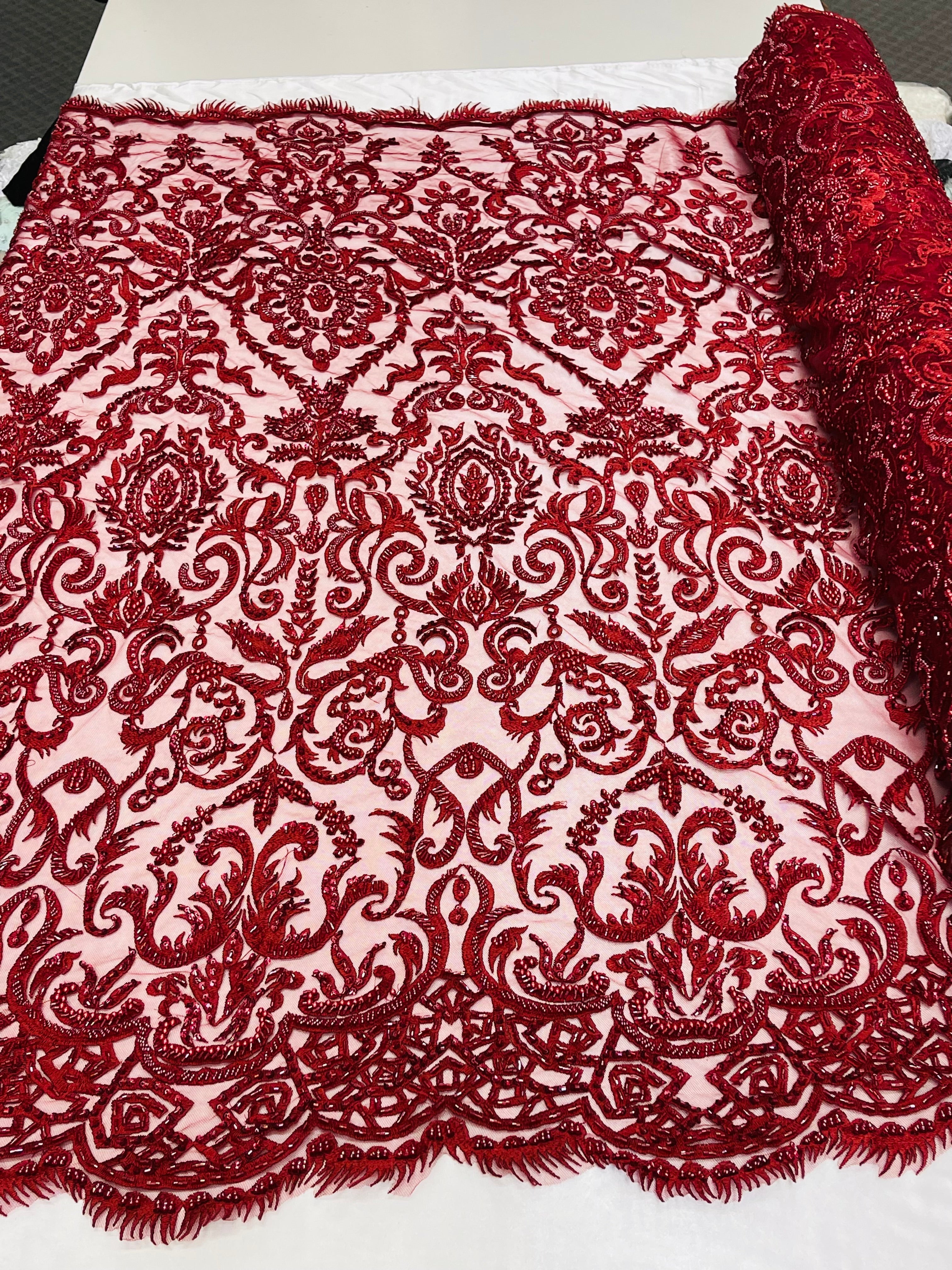 Burgundy Bridal Lace Hand Beaded Embroidered Floral Fabric - by the yard - Wedding Beaded Fabric
