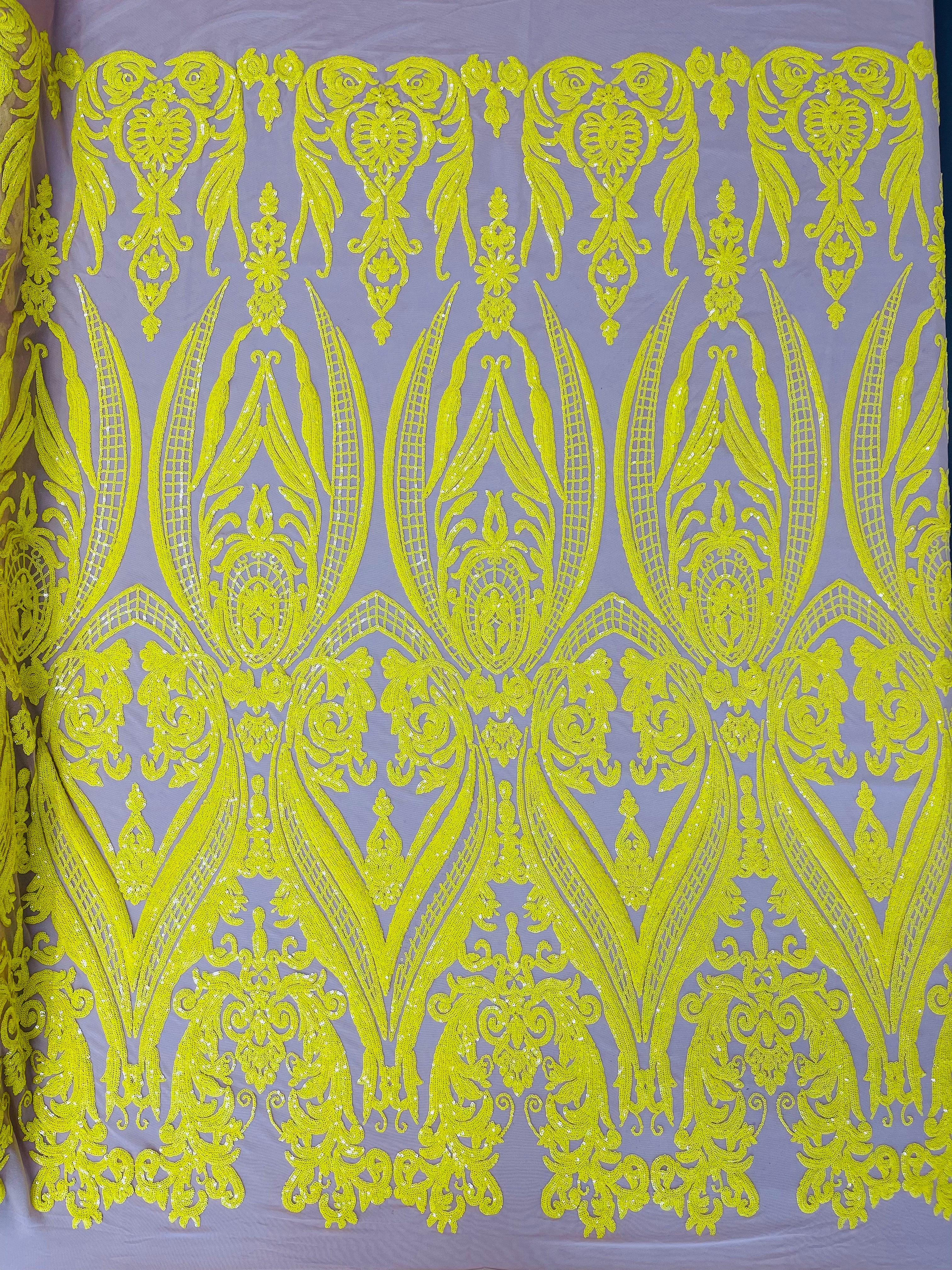 Big Damask Sequins Fabric - Yellow on Nude - 4 Way Stretch Damask Sequins Design Fabric By Yard