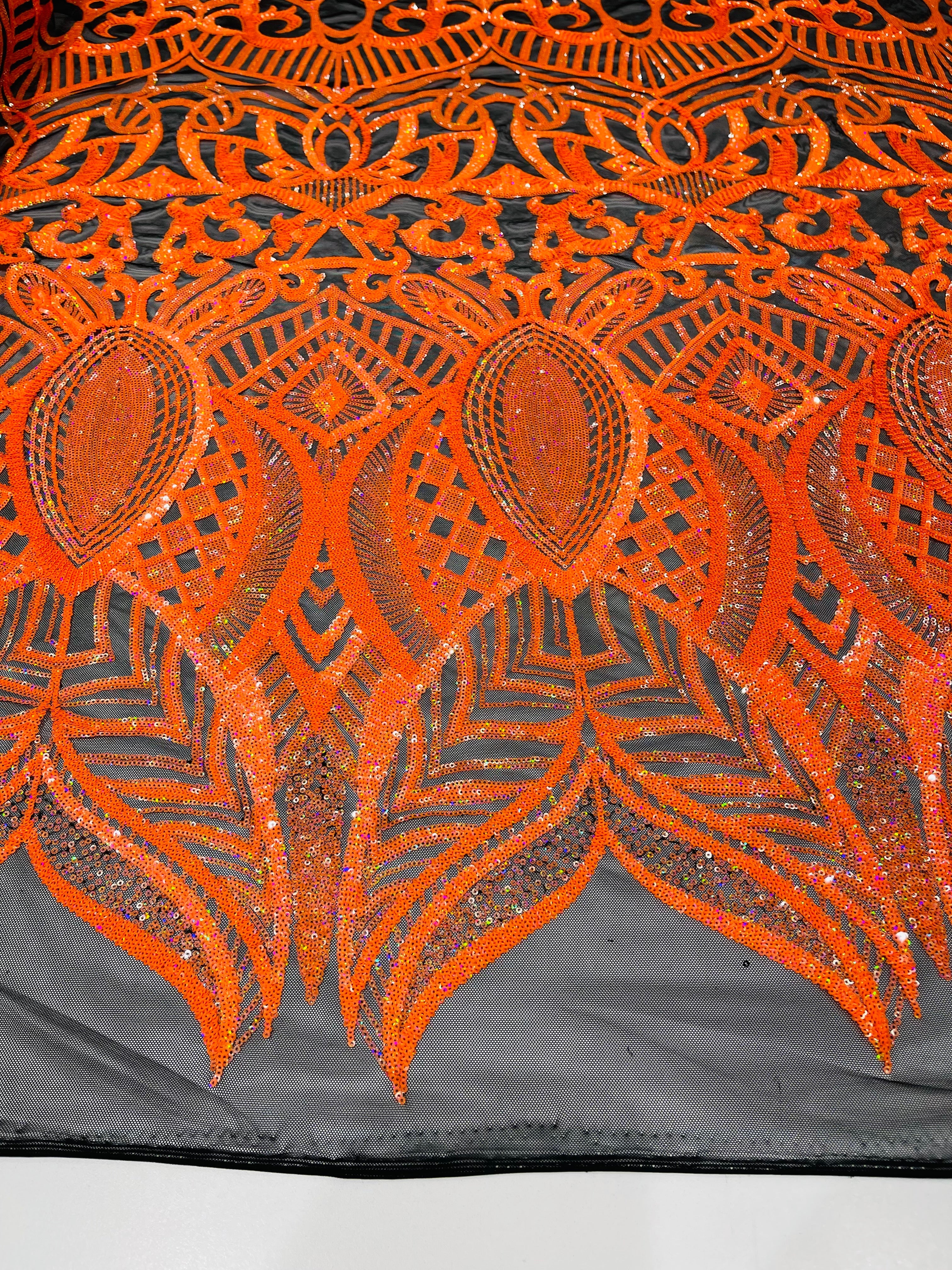 Orange Sequin - 4 Way Stretch Embroidered Royalty Sequins Design Fabric By Yard