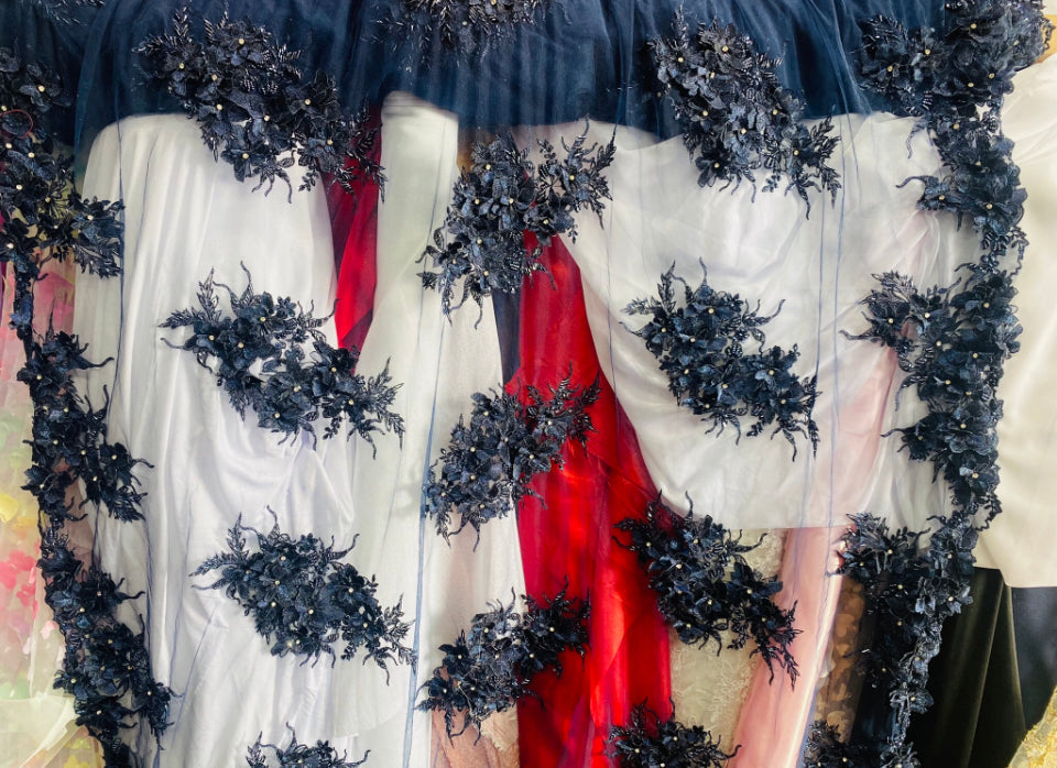 Navy Blue Floral - 3D Beaded Embroidery Fabric with Rhinestones - Beautiful Design by The Yard