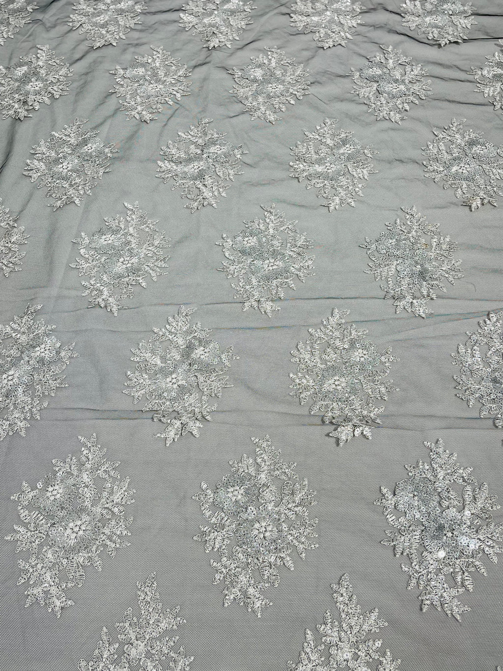 Floral Lace Fabric - Silver on Black Mesh - Flower Cluster Embroidery Design With Sequins on a Mesh