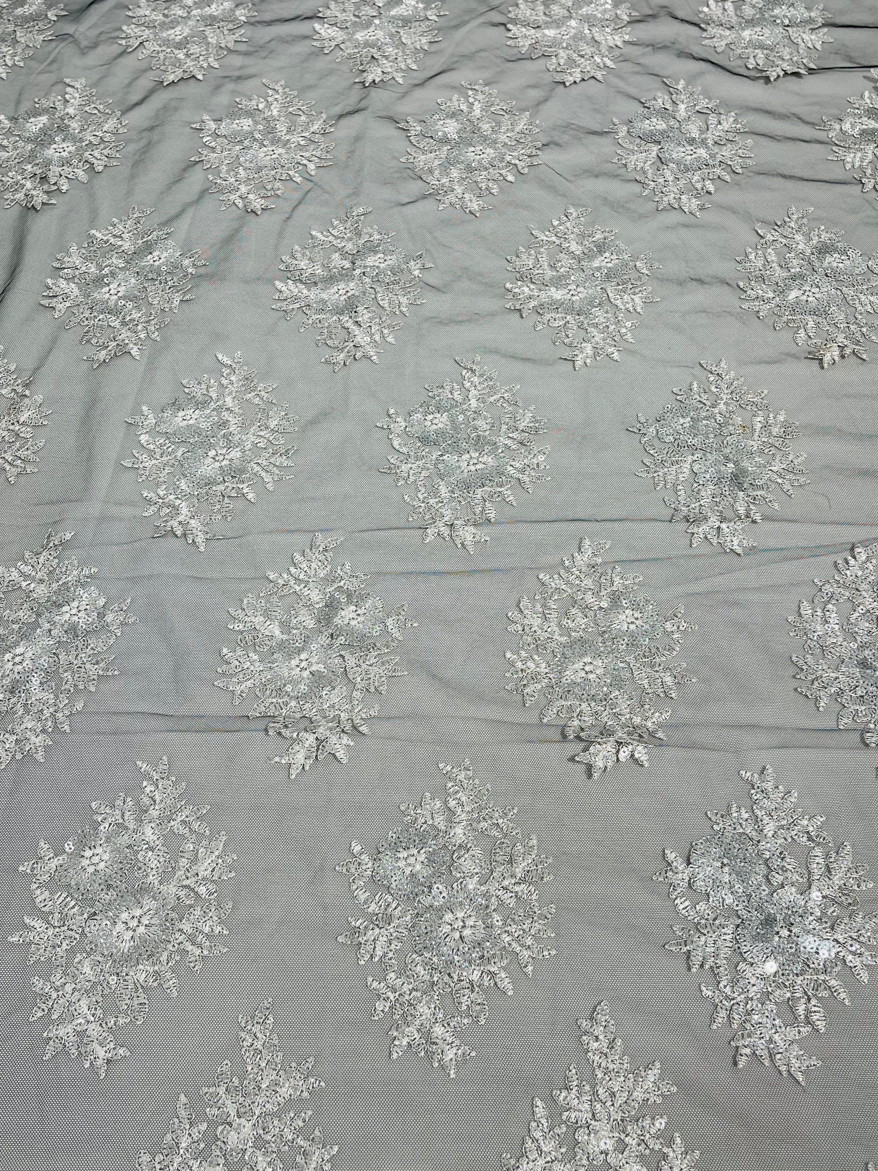 Floral Lace Fabric - Silver on Black Mesh - Flower Cluster Embroidery Design With Sequins on a Mesh