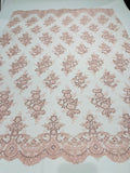 Blush Pink Floral Lace Fabric by the yard Corded Flower Embroidery Design With Sequins on a Mesh