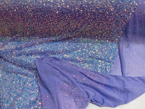 3 yards Iridescent Clear Sequin Fabric Embroidery On Lilac Power Mesh 4Way Stretch Sequins