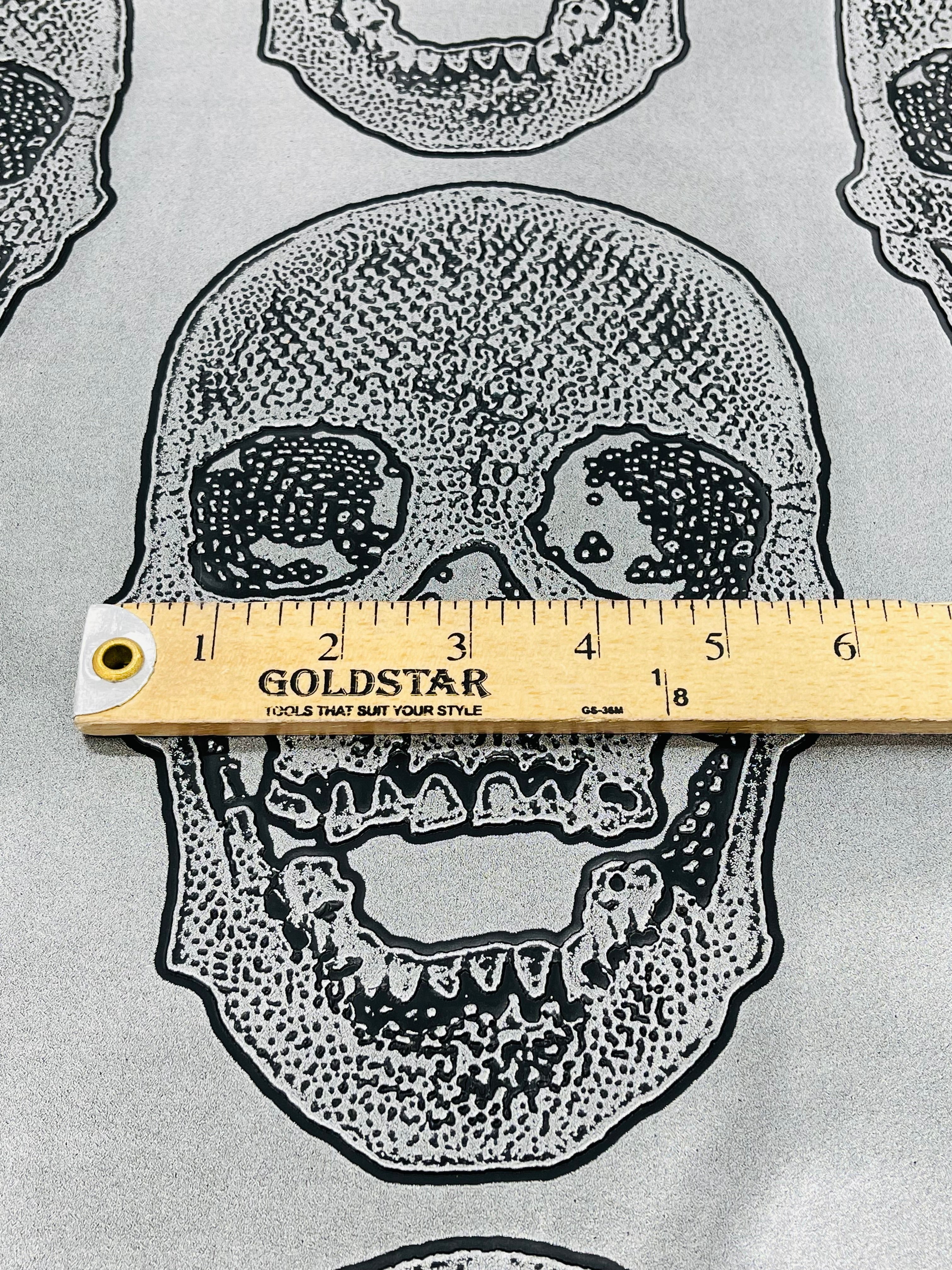 Big Skull Vinyl Fabric - Silver - Upholstery Faux Leather 54” Wide By Yard