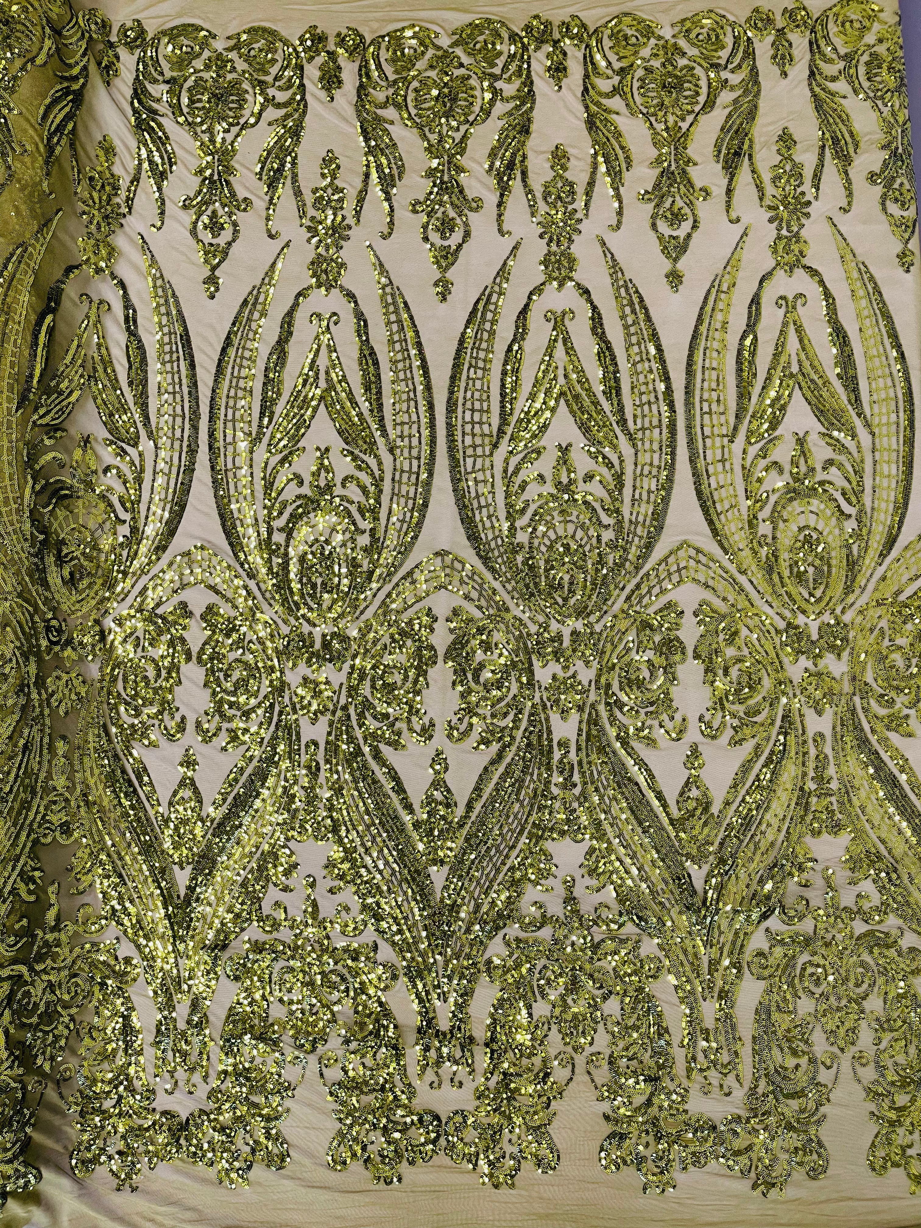 Big Damask Sequins Fabric - Olive Green  - 4 Way Stretch Damask Sequins Design Fabric By Yard