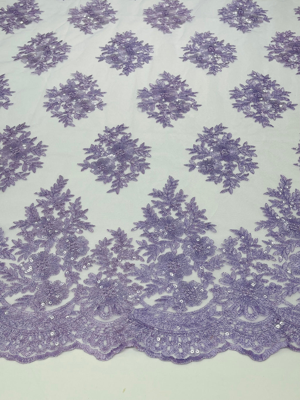 Floral Lace Fabric - Lilac - Flower Cluster Embroidery Design With Sequins on a Mesh
