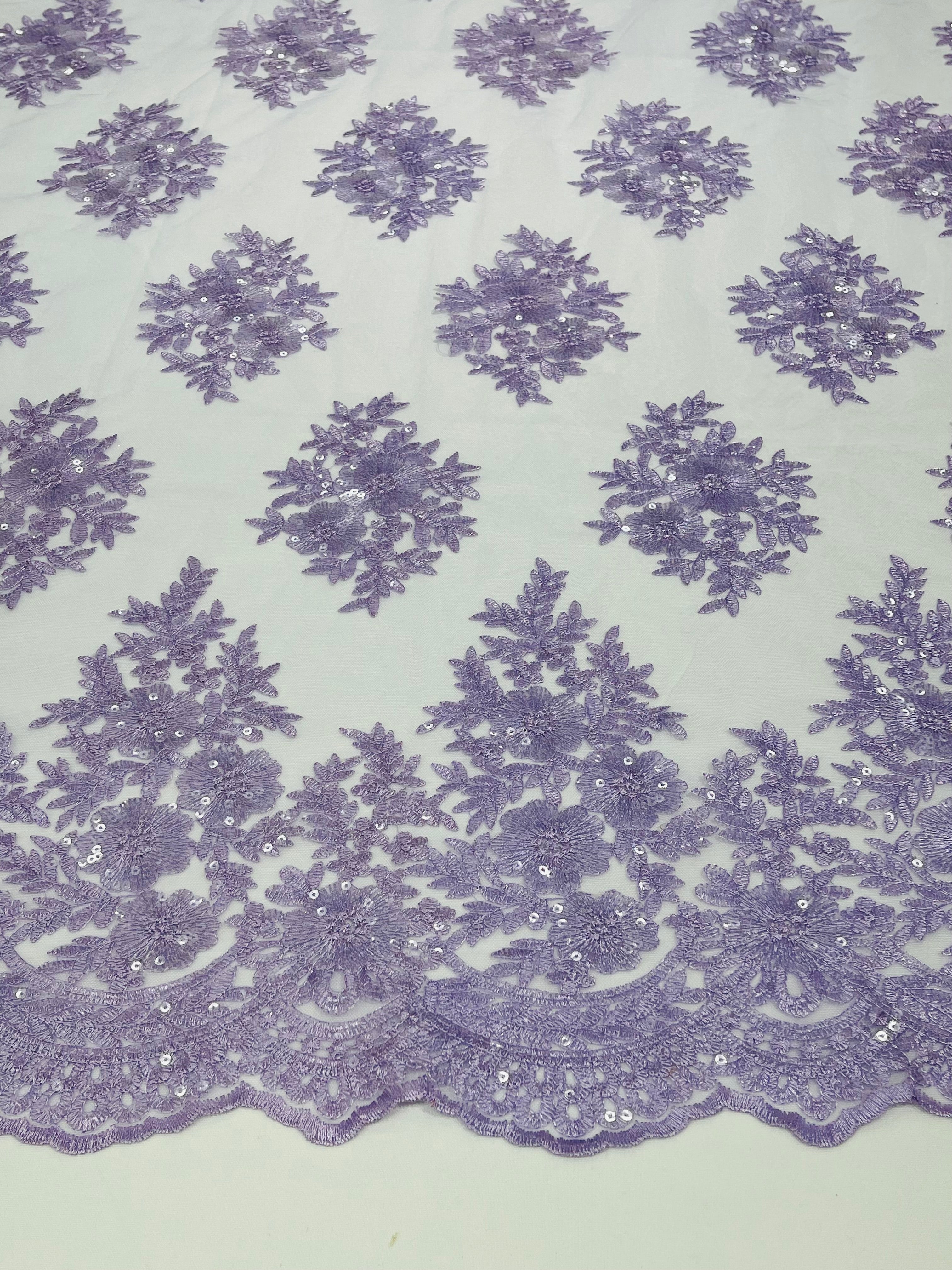 Floral Lace Fabric - Lilac - Flower Cluster Embroidery Design With Sequins on a Mesh