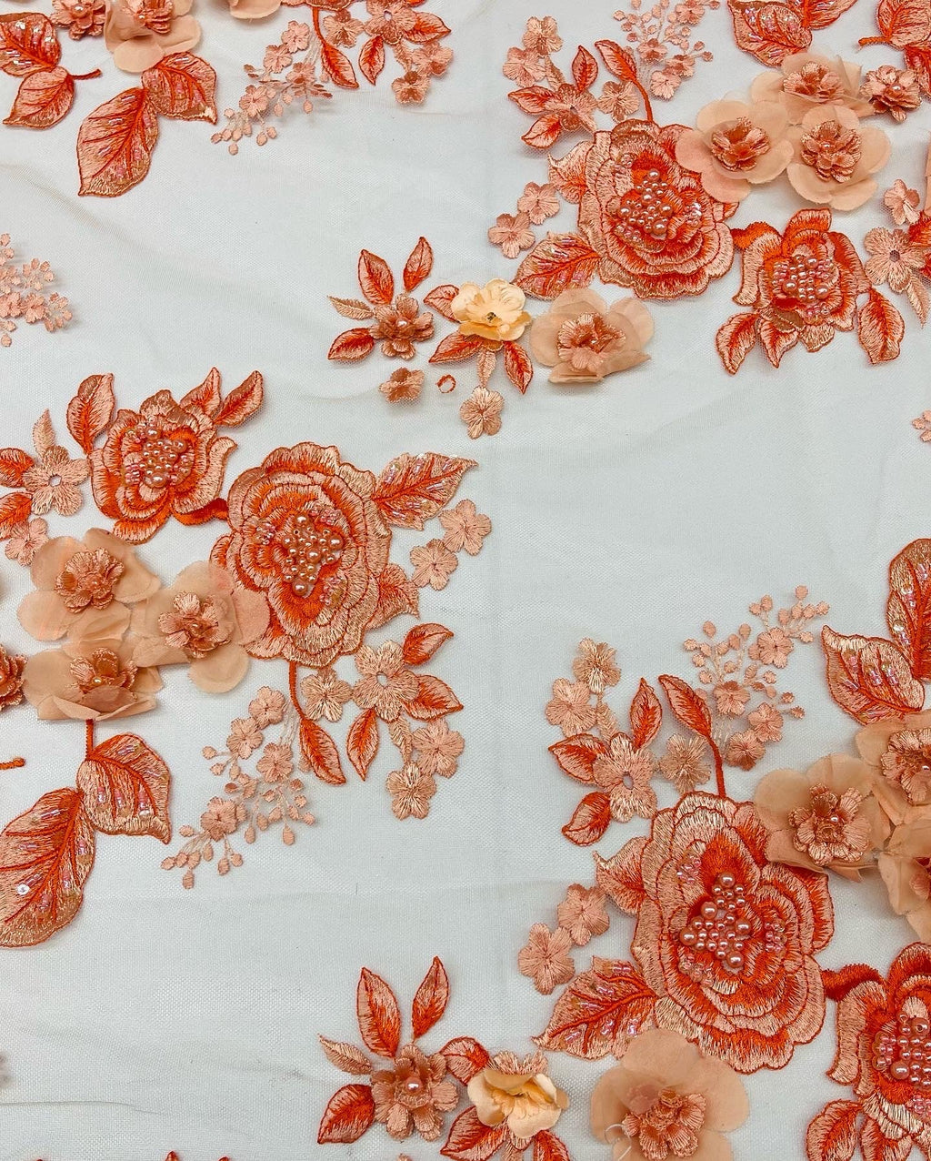 Orange Flower 3D Fabric - by the Yard - Embroided Fabric Flower Pearls and Beaded Fabric