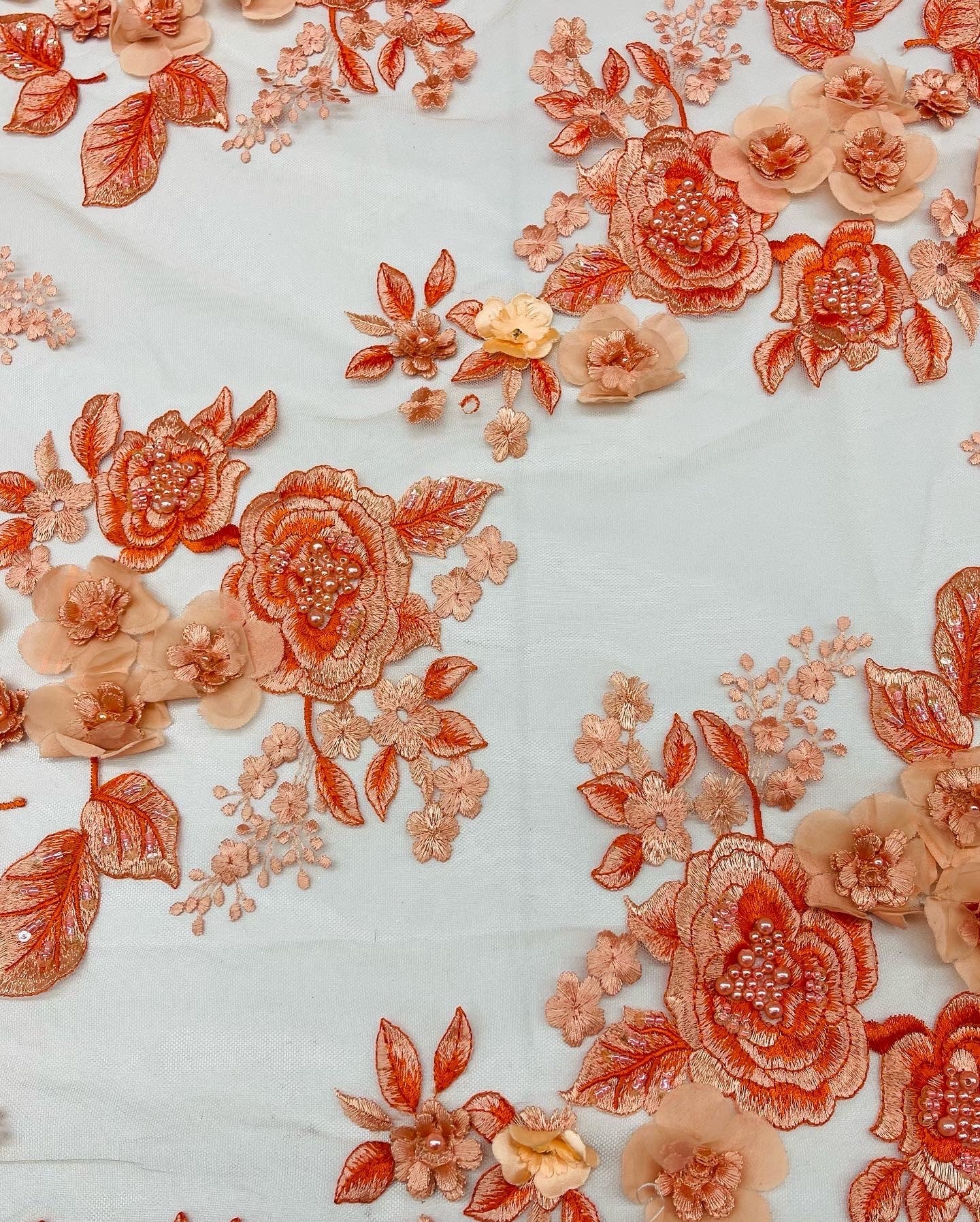 Orange Flower 3D Fabric - by the Yard - Embroided Fabric Flower Pearls and Beaded Fabric