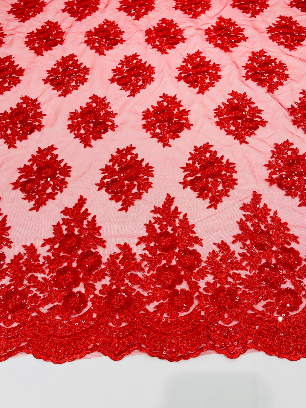 Floral Lace Fabric - Red - Flower Cluster Embroidery Design With Sequins on a Mesh