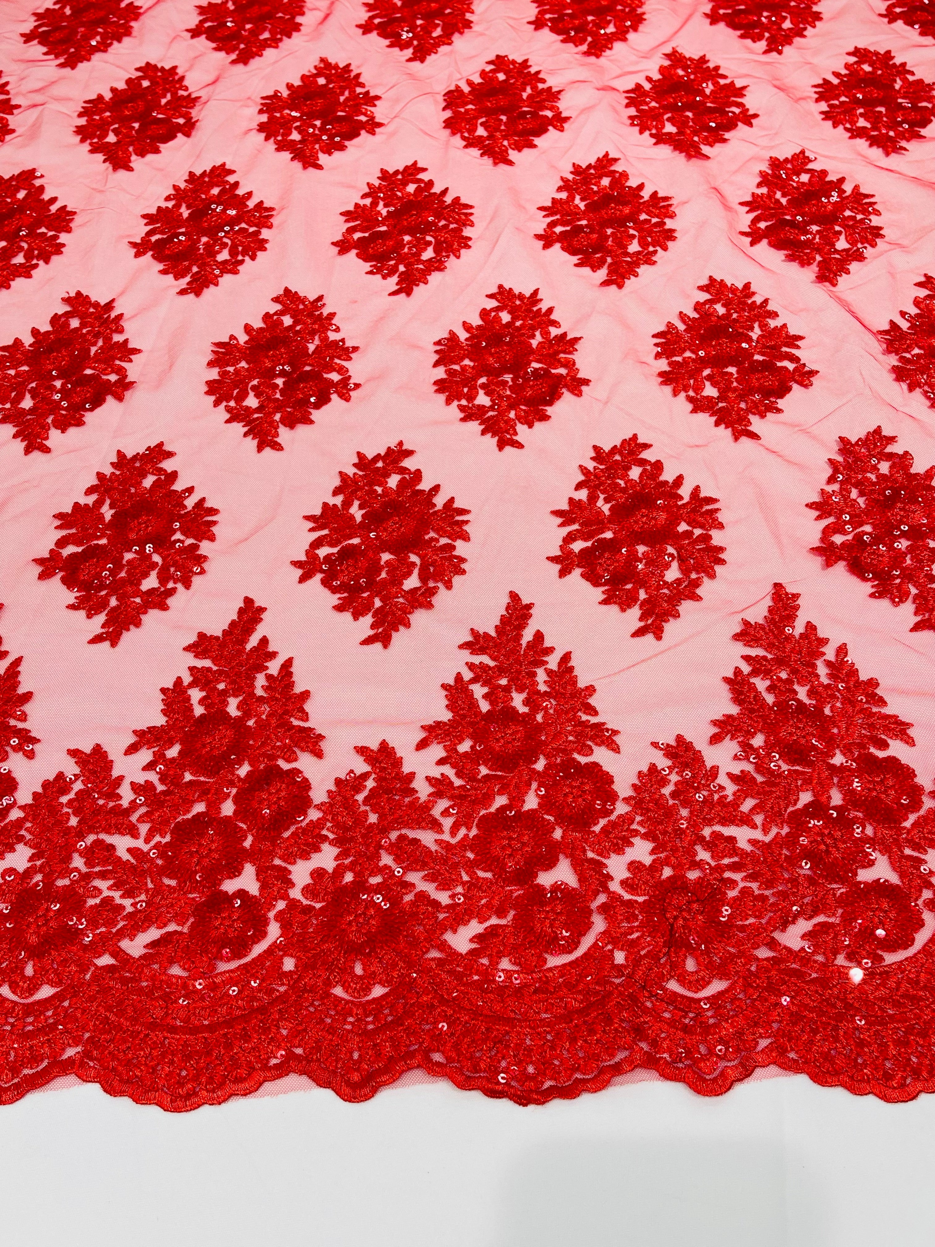 Floral Lace Fabric - Red - Flower Cluster Embroidery Design With Sequins on a Mesh