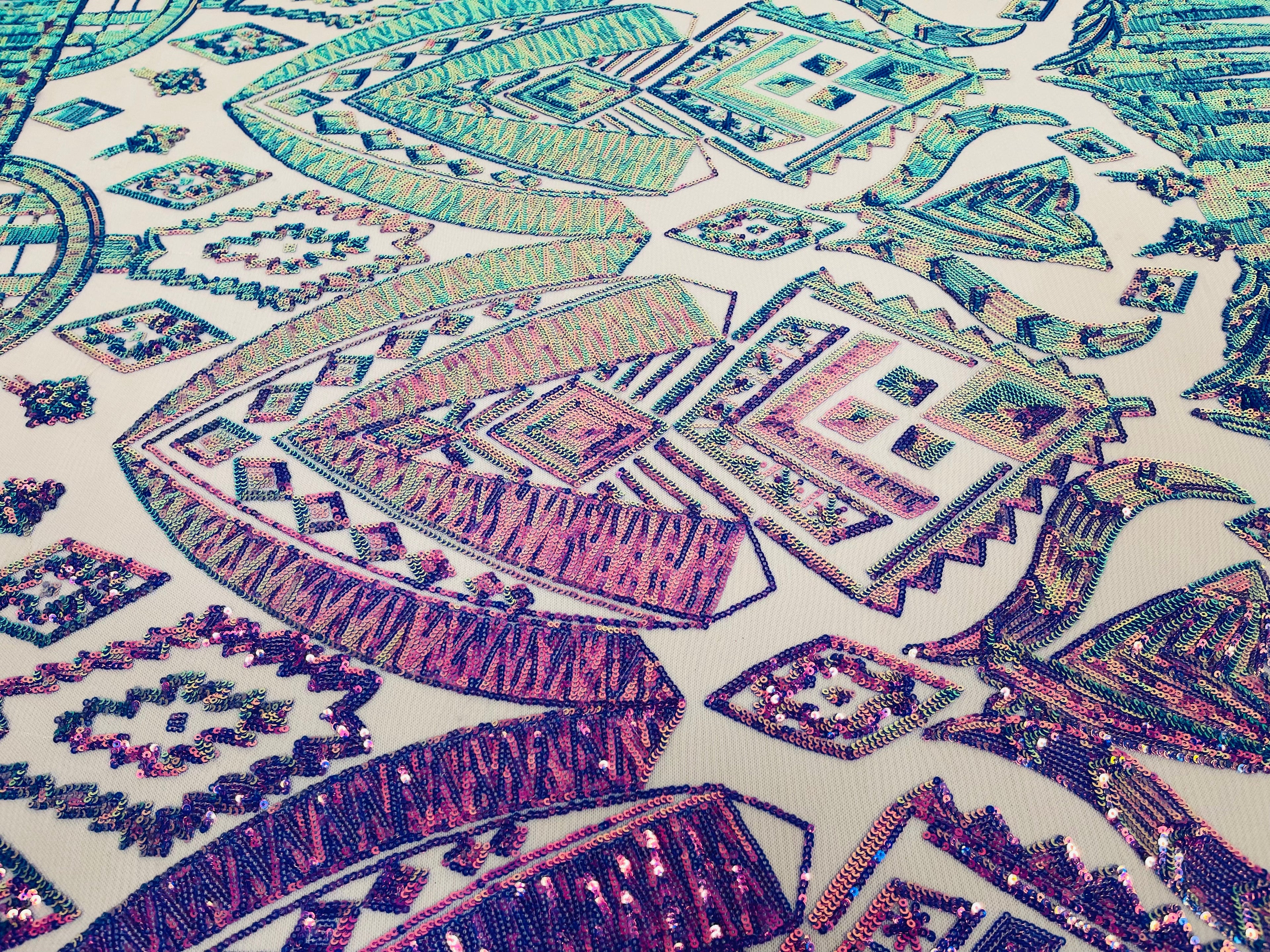 Lavender/Purple Iridescent Sequin Fabric, by the yard - Nude Mesh 4 Way Stretch Aztec Design