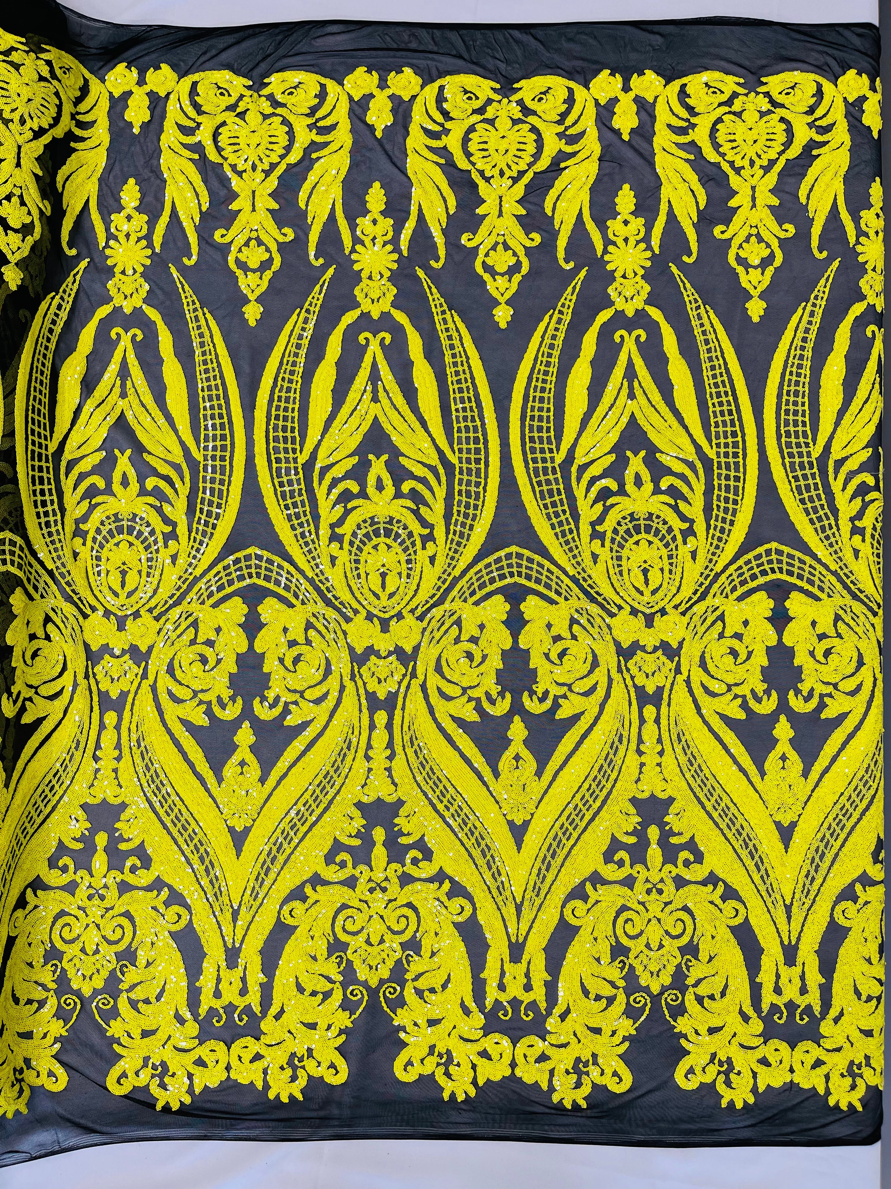 Big Damask Sequins Fabric - Yellow on Black - 4 Way Stretch Damask Sequins Design Fabric By Yard