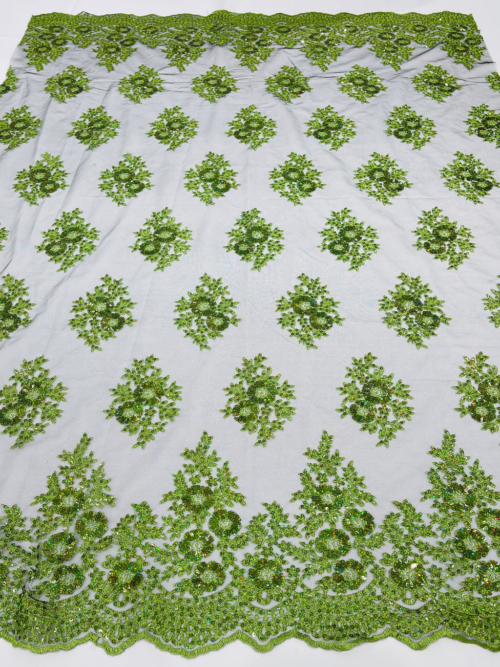 Floral Lace Fabric - Green on Black Mesh - Flower Cluster Embroidery Design With Sequins on a Mesh