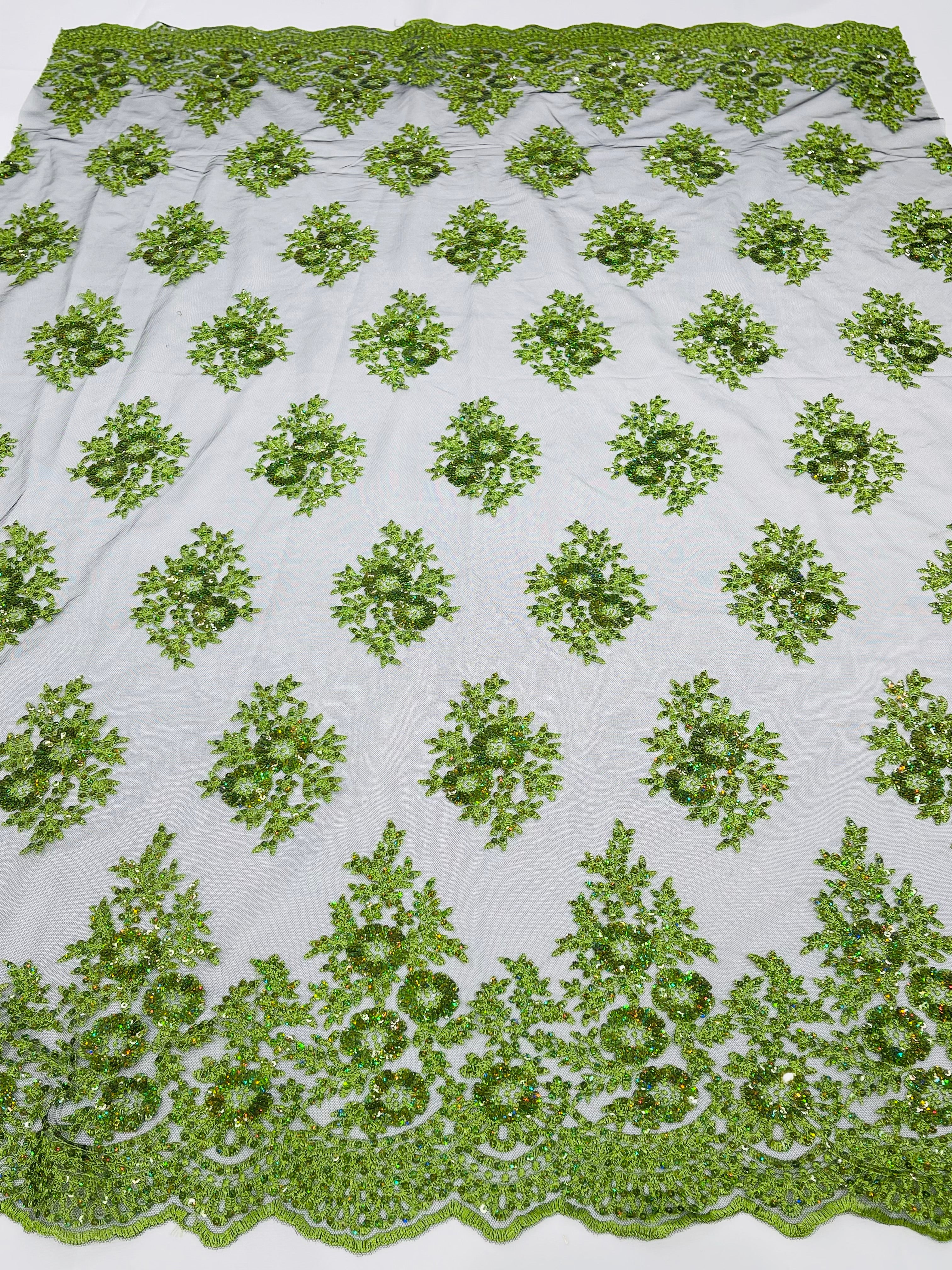 Floral Lace Fabric - Green on Black Mesh - Flower Cluster Embroidery Design With Sequins on a Mesh