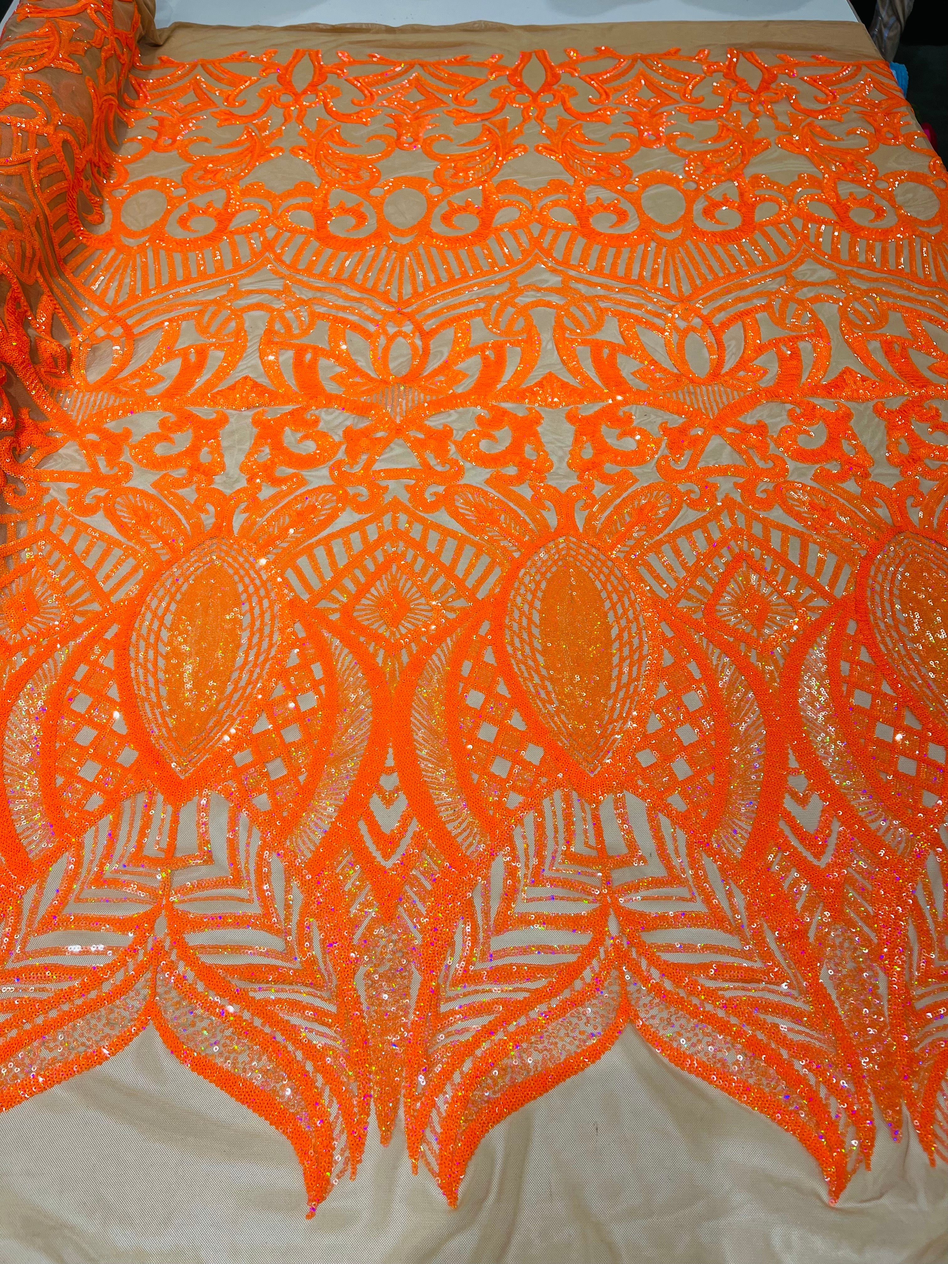 Orange Sequin Fabric - 4 Way Stretch Embroidered Royalty Sequins Design Fabric By Yard