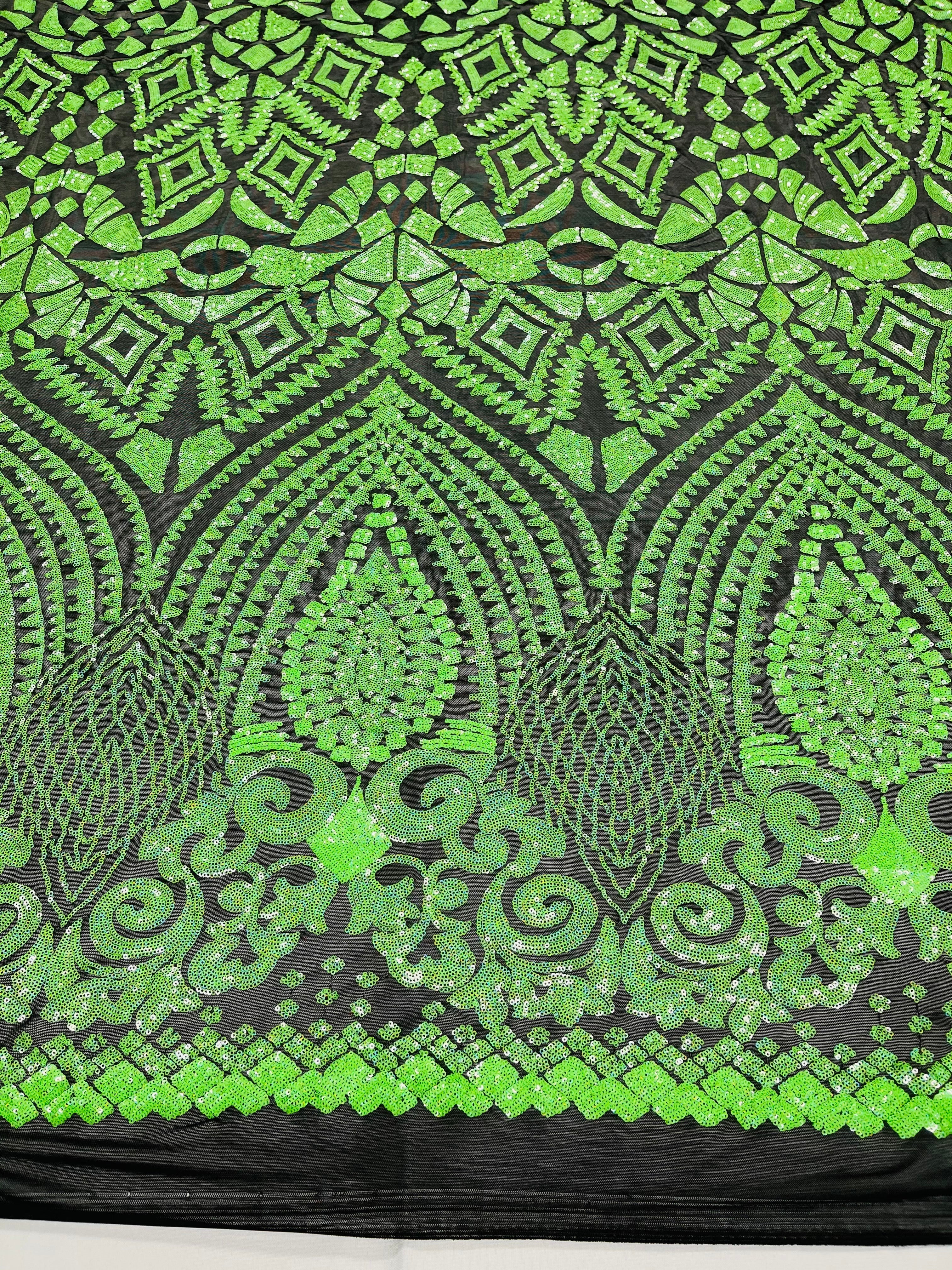 Neón Green Sequins Fabric On Black Mesh 4 Way Stretch Geometric Design By The Yard