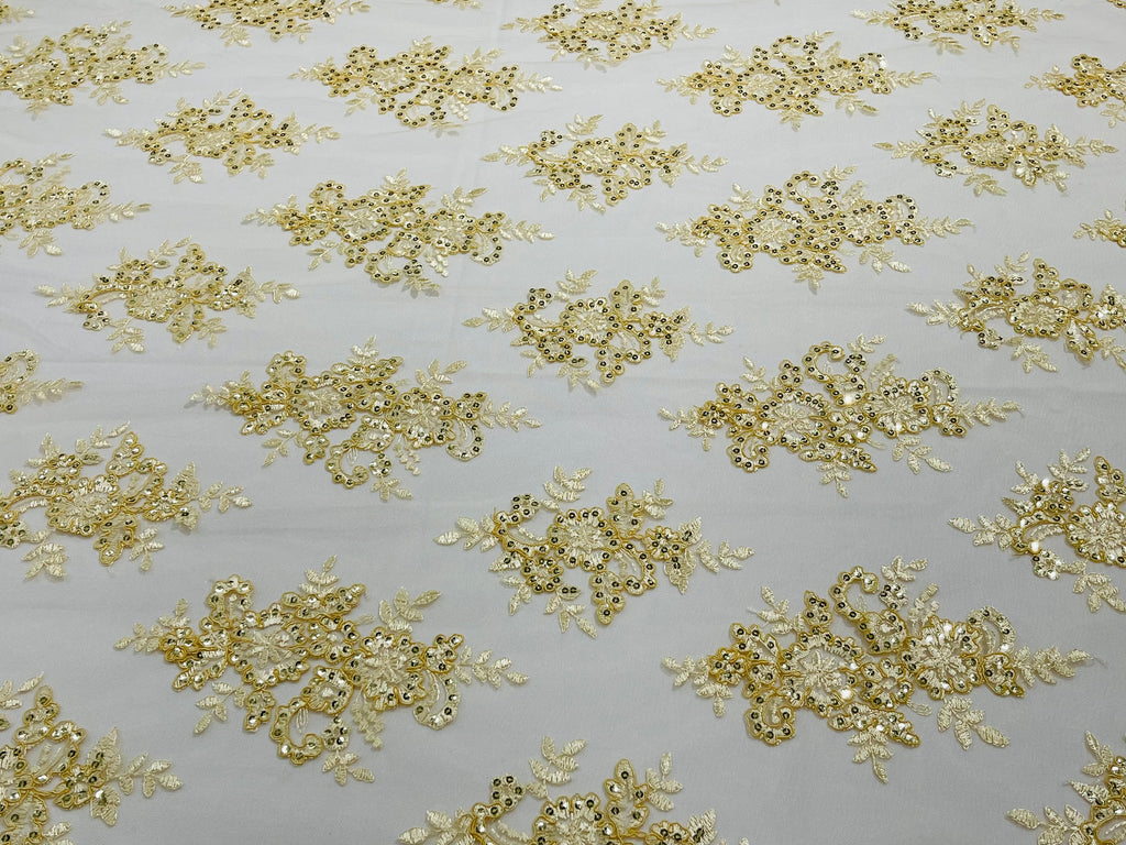 Banana Lace Sequins Fabric - by the yard - Corded Flower Embroidery Design Mesh Lace Fabric