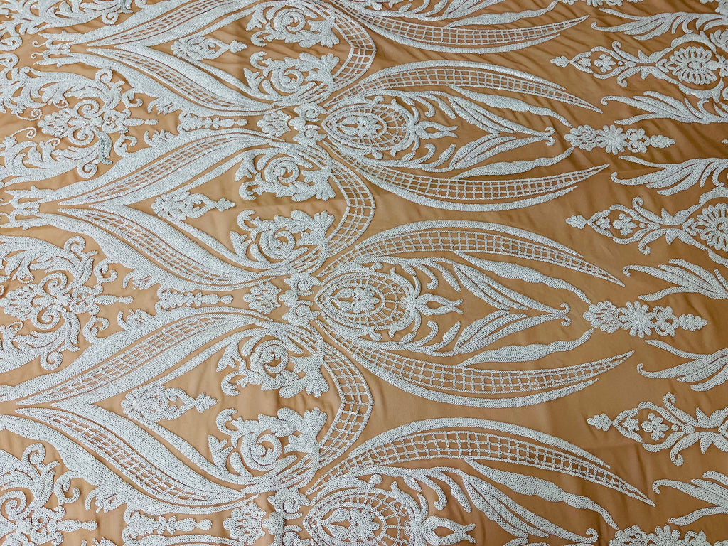 Big Damask Sequins Fabric - White on Dark Nude - 4 Way Stretch Damask Sequins Design Fabric By Yard