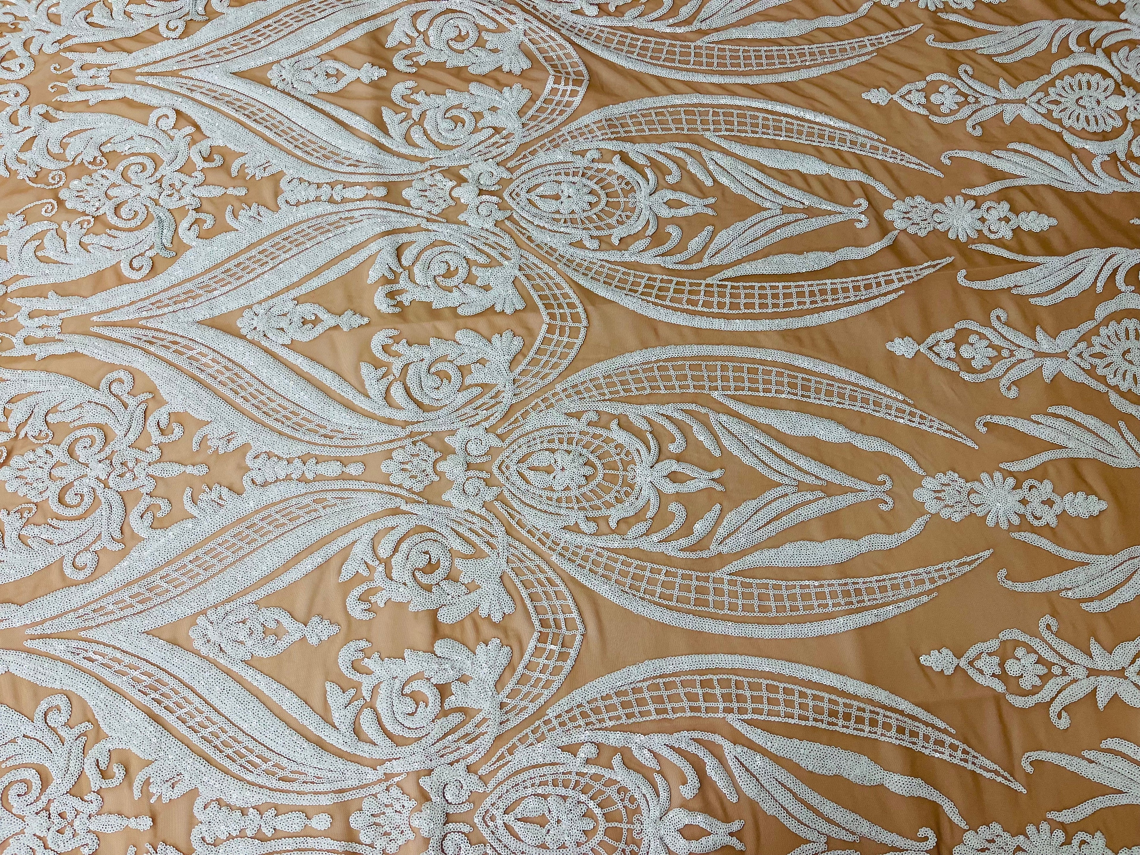 Big Damask Sequins Fabric - White on Dark Nude - 4 Way Stretch Damask Sequins Design Fabric By Yard