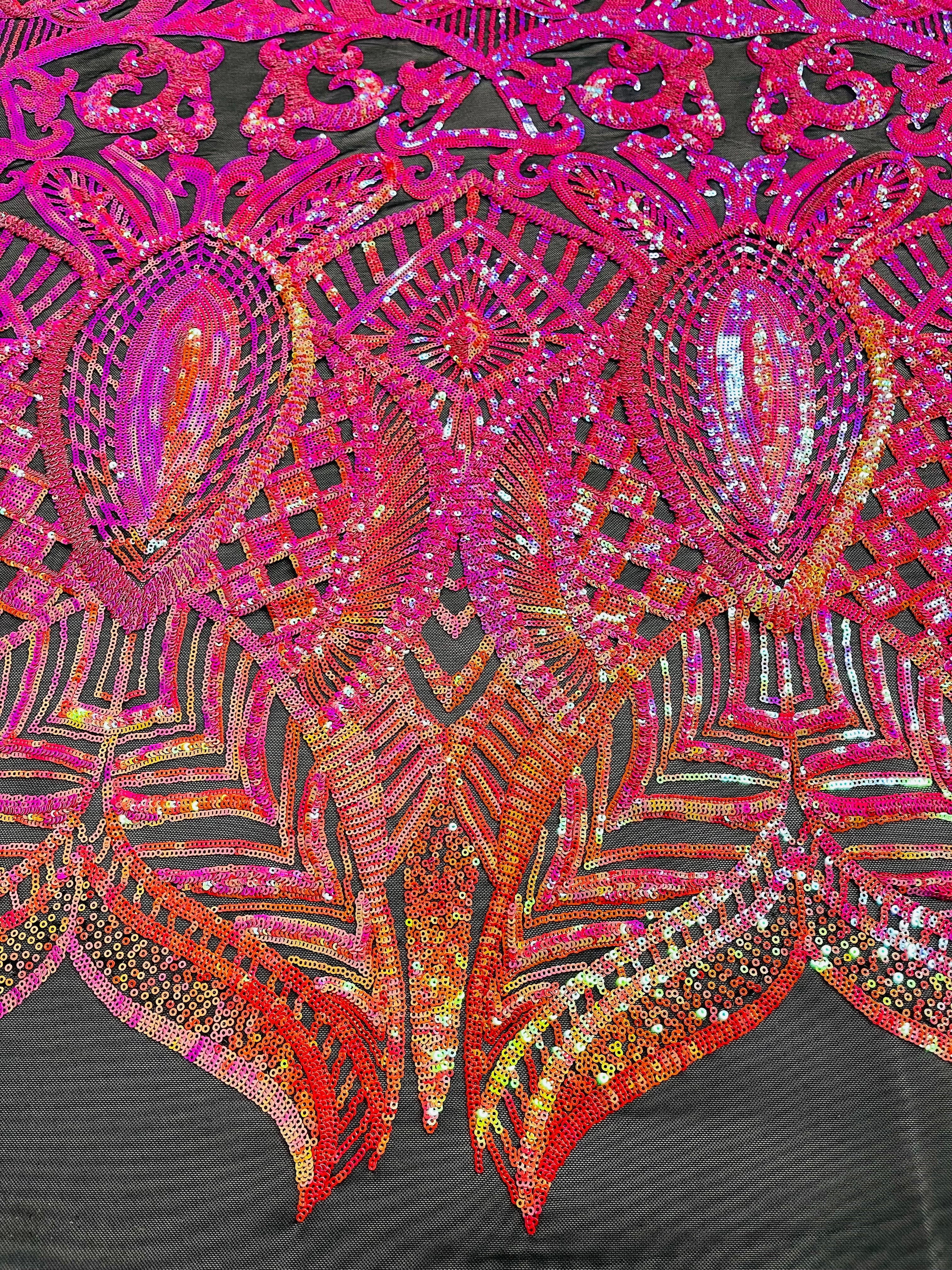 Orange/Fuchsia Iridescent - 4 Way Stretch Embroidered Royalty Sequins Design Fabric By Yard