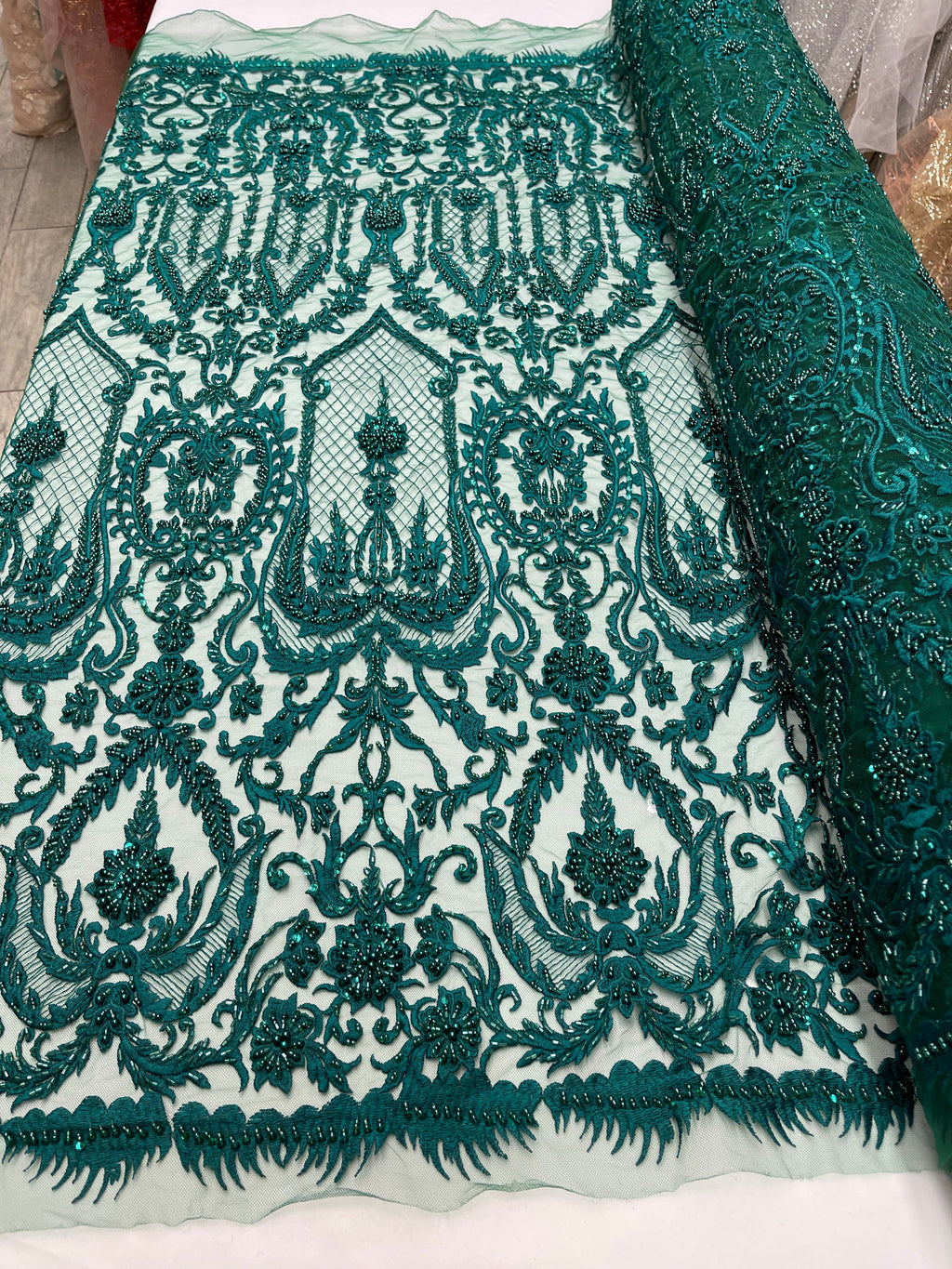 Hunter Green Beaded Damask Fabric - by the yard - Embroidered with Beads and Sequins on Mesh Fabric