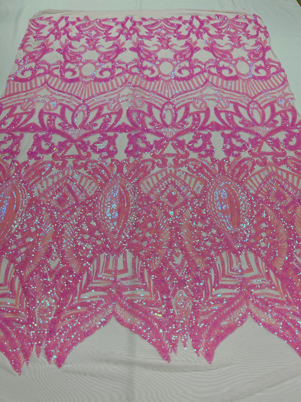 Candy Pink Sequin - 4 Way Stretch Embroidered Royalty Sequins Design Fabric By Yard