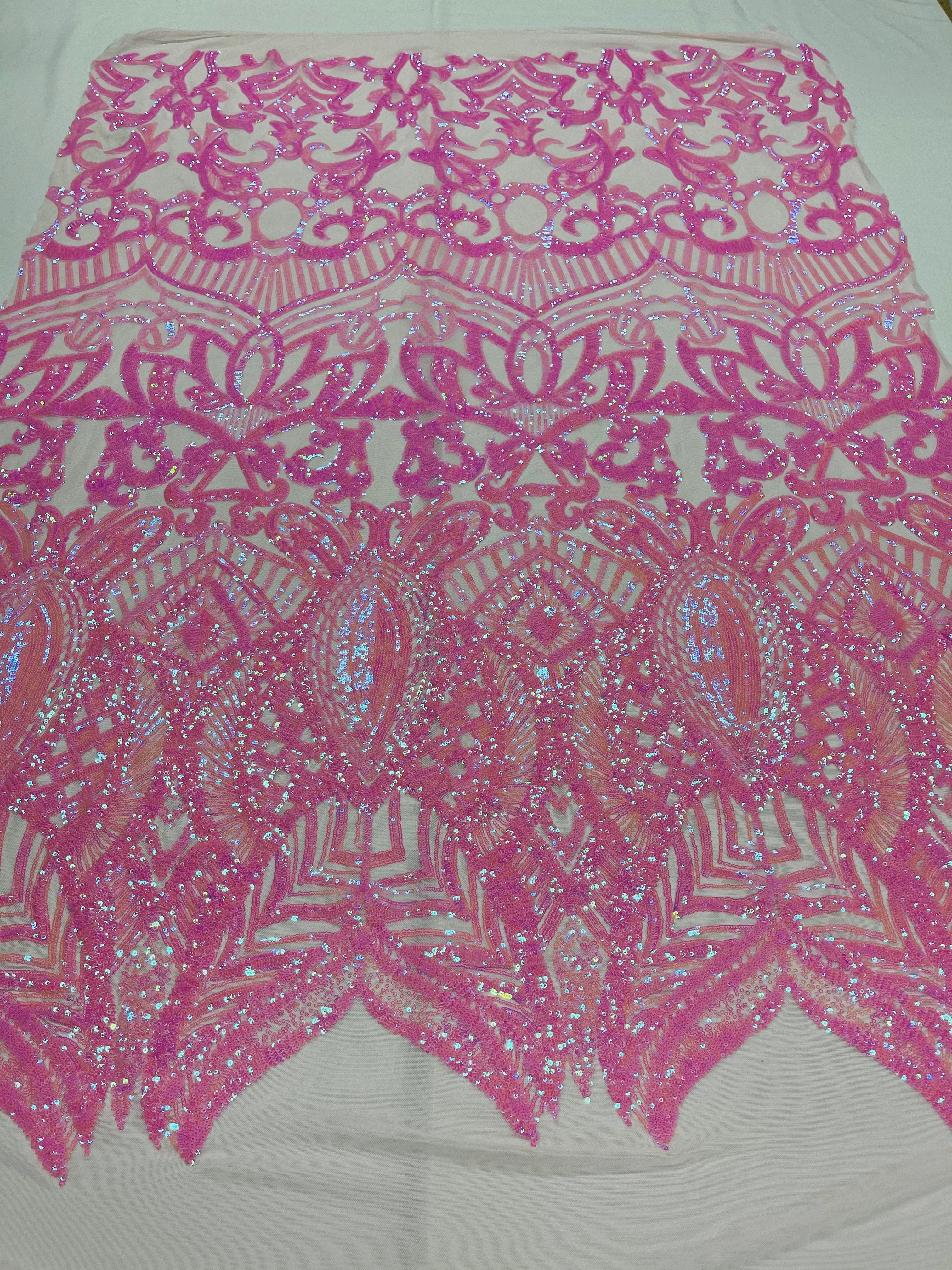 Candy Pink Sequin - 4 Way Stretch Embroidered Royalty Sequins Design Fabric By Yard